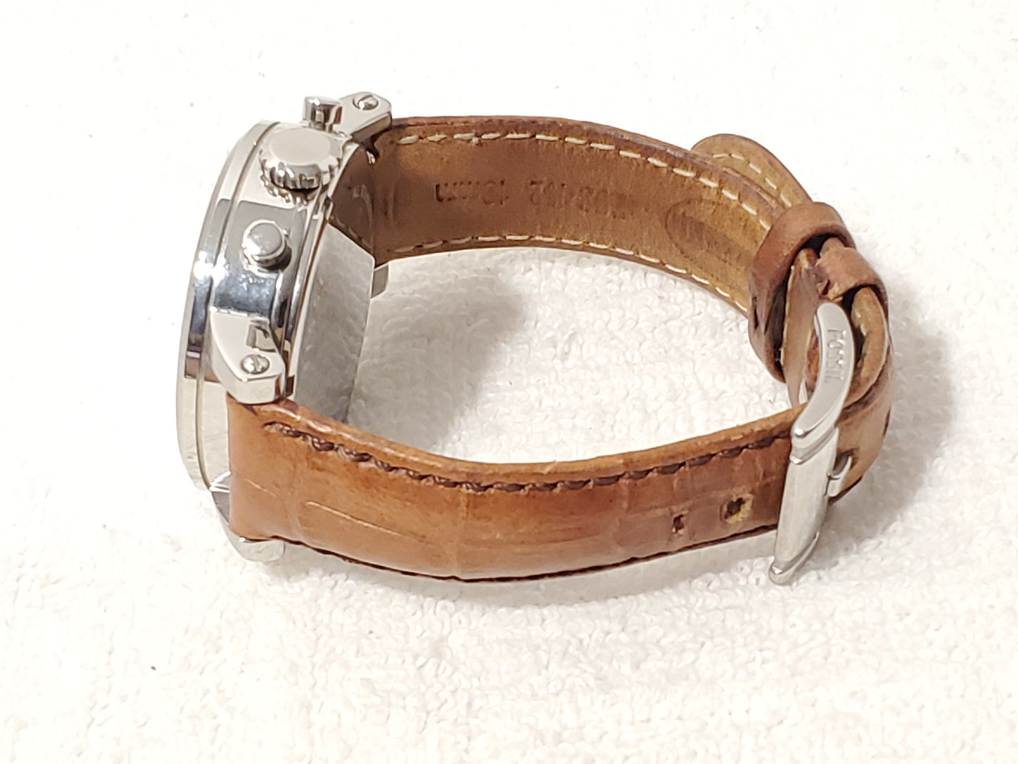 Vintage Fossil Women's Stainless Steel Chronograph Date Watch Brown Leather Band