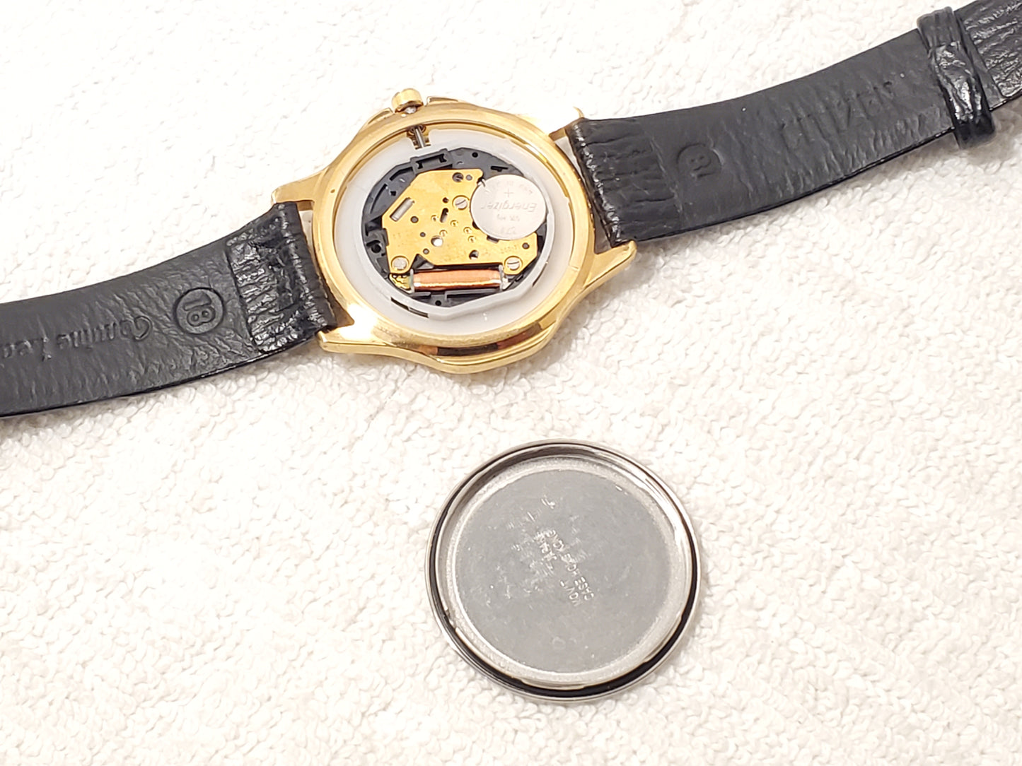 Vintage Citizen Men's Black Dial Date Quartz Watch Gold Plated Leather Strap SS