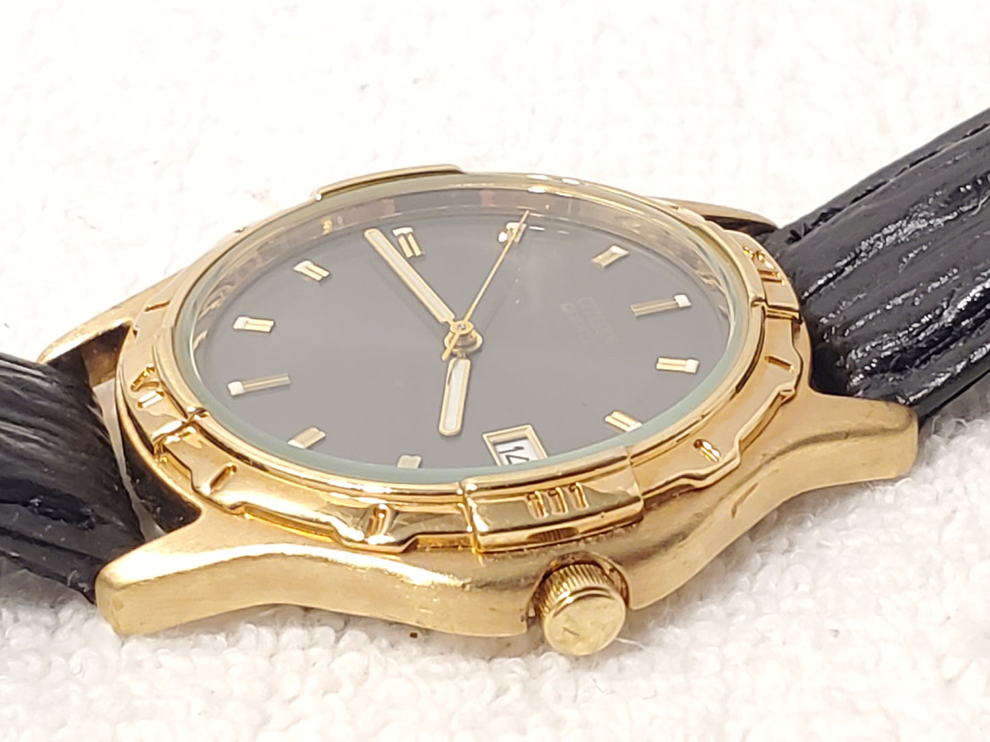 Vintage Citizen Men's Black Dial Date Quartz Watch Gold Plated Leather Strap SS