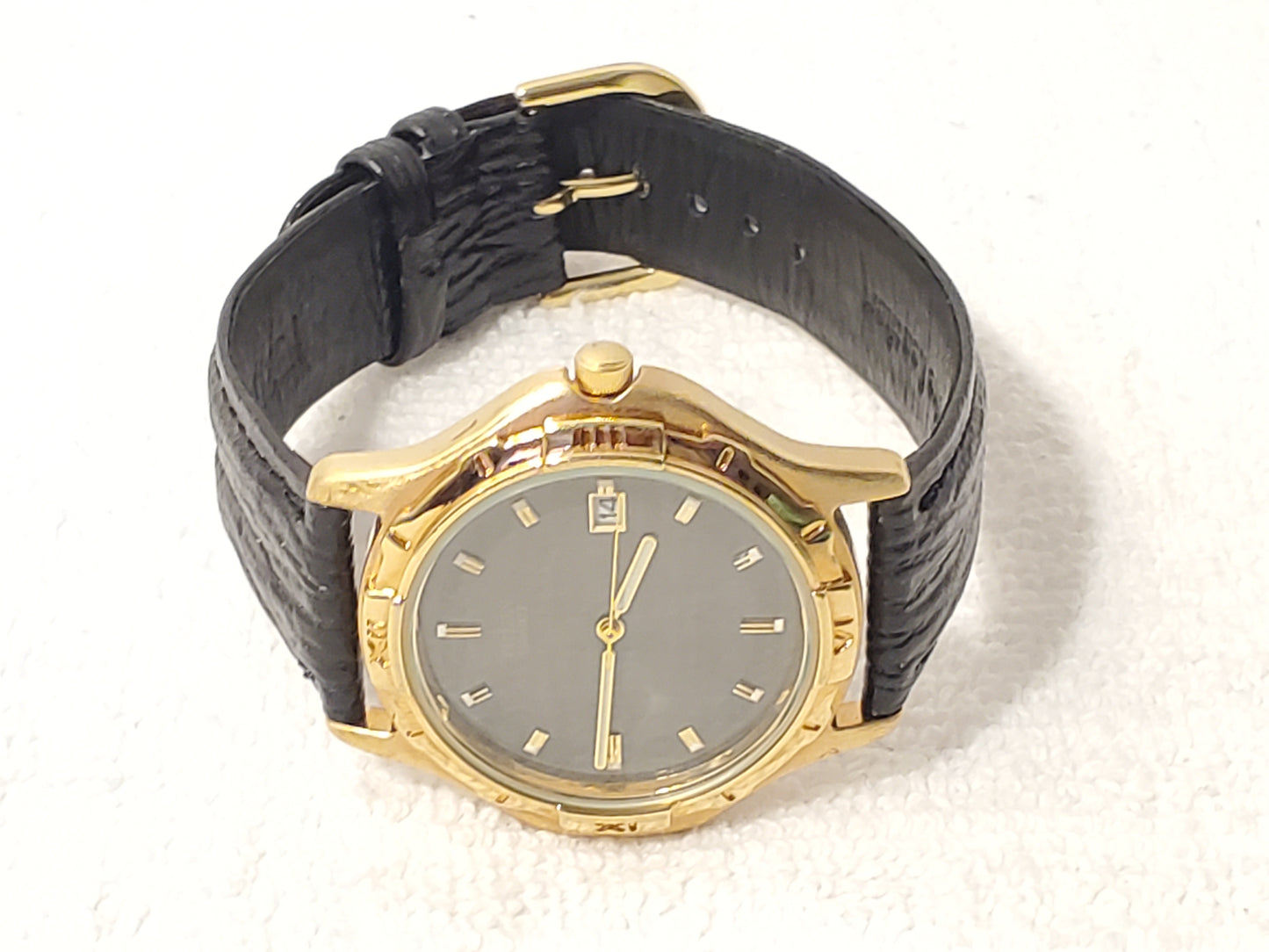 Vintage Citizen Men's Black Dial Date Quartz Watch Gold Plated Leather Strap SS