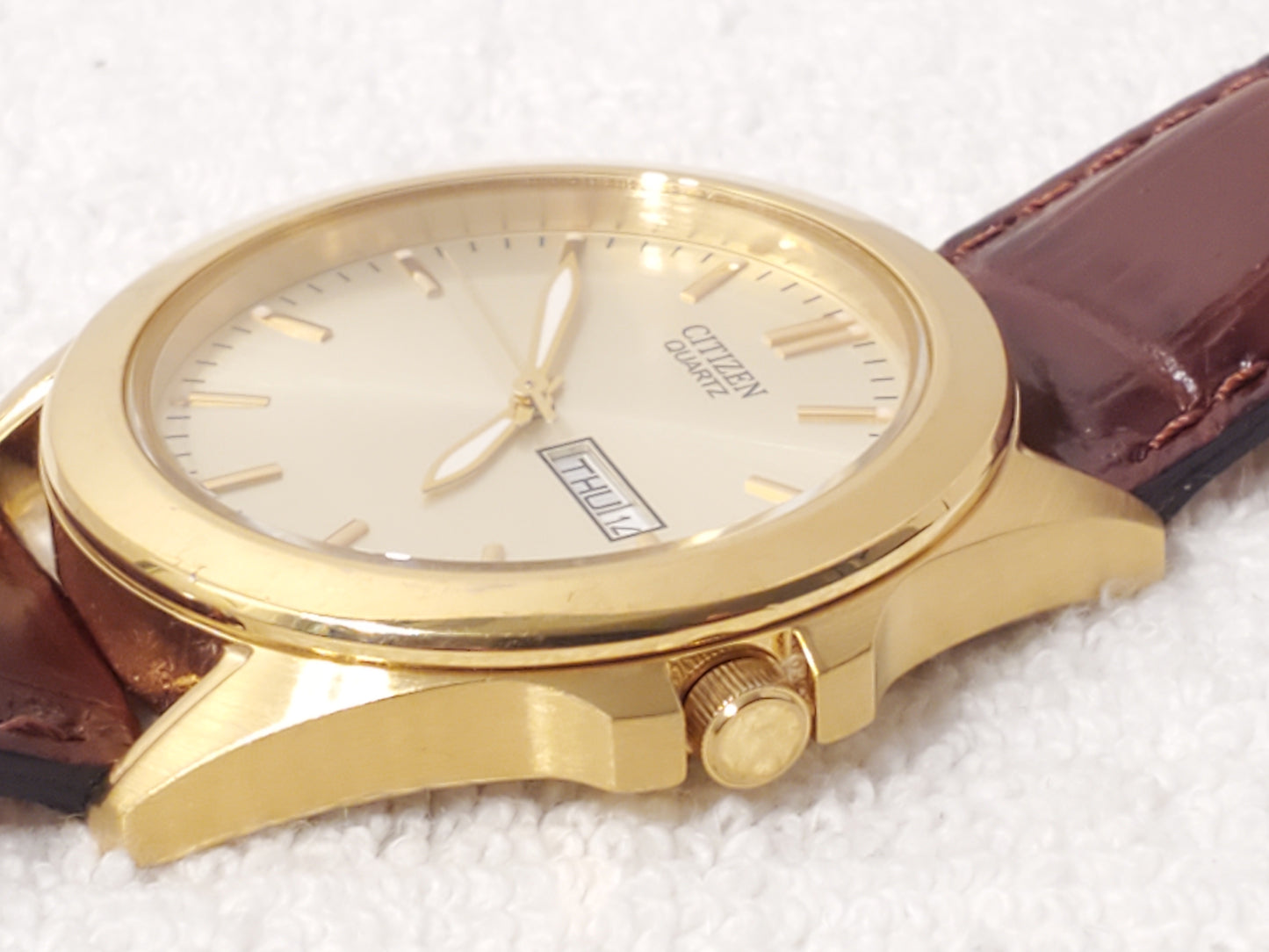 Vintage Citizen Men's Day Date Gold Plated Quartz Watch Brown Leather Strap SS