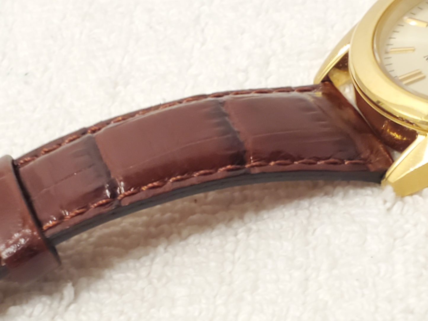 Vintage Citizen Men's Day Date Gold Plated Quartz Watch Brown Leather Strap SS