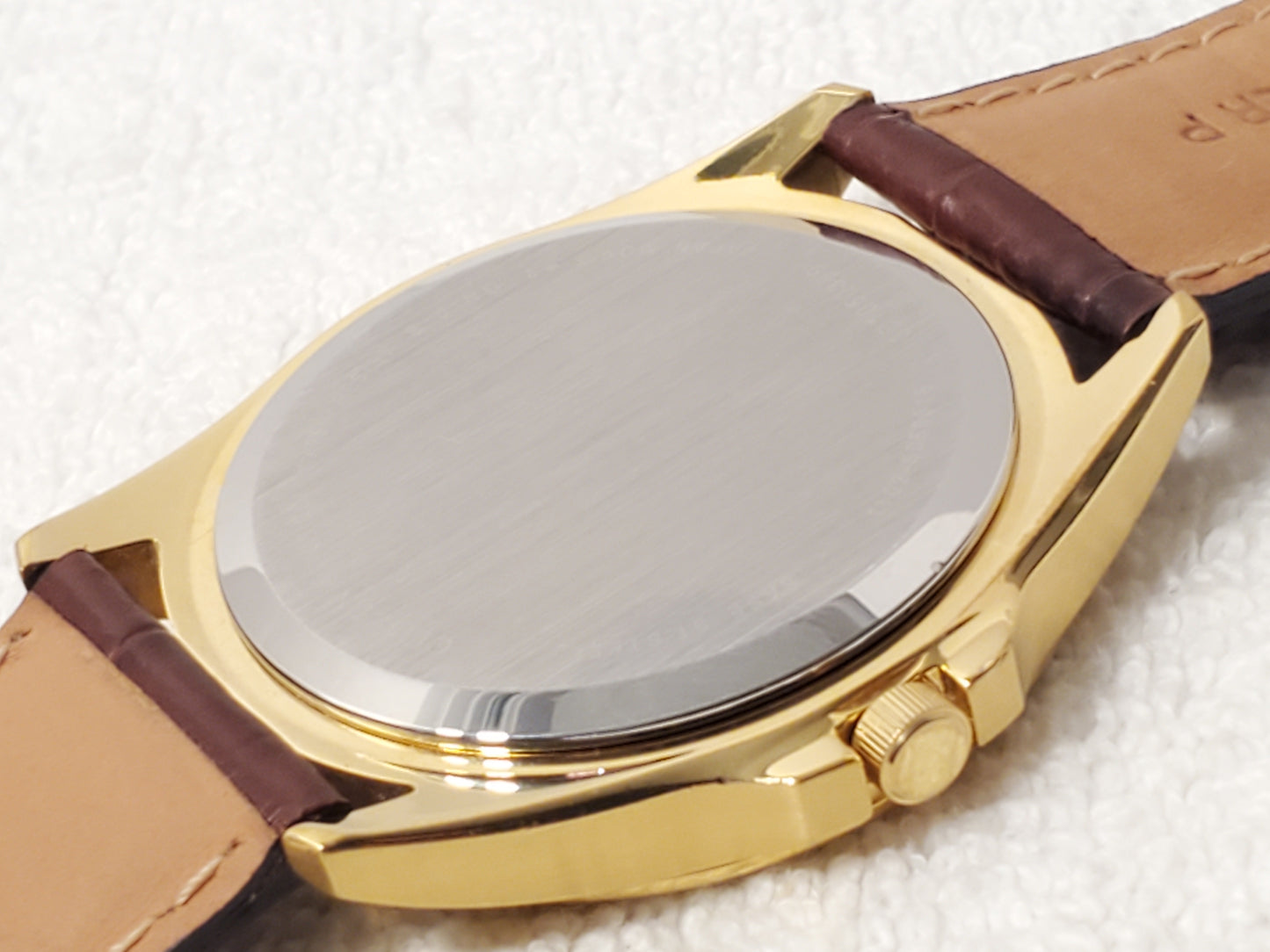 Vintage Citizen Men's Day Date Gold Plated Quartz Watch Brown Leather Strap SS