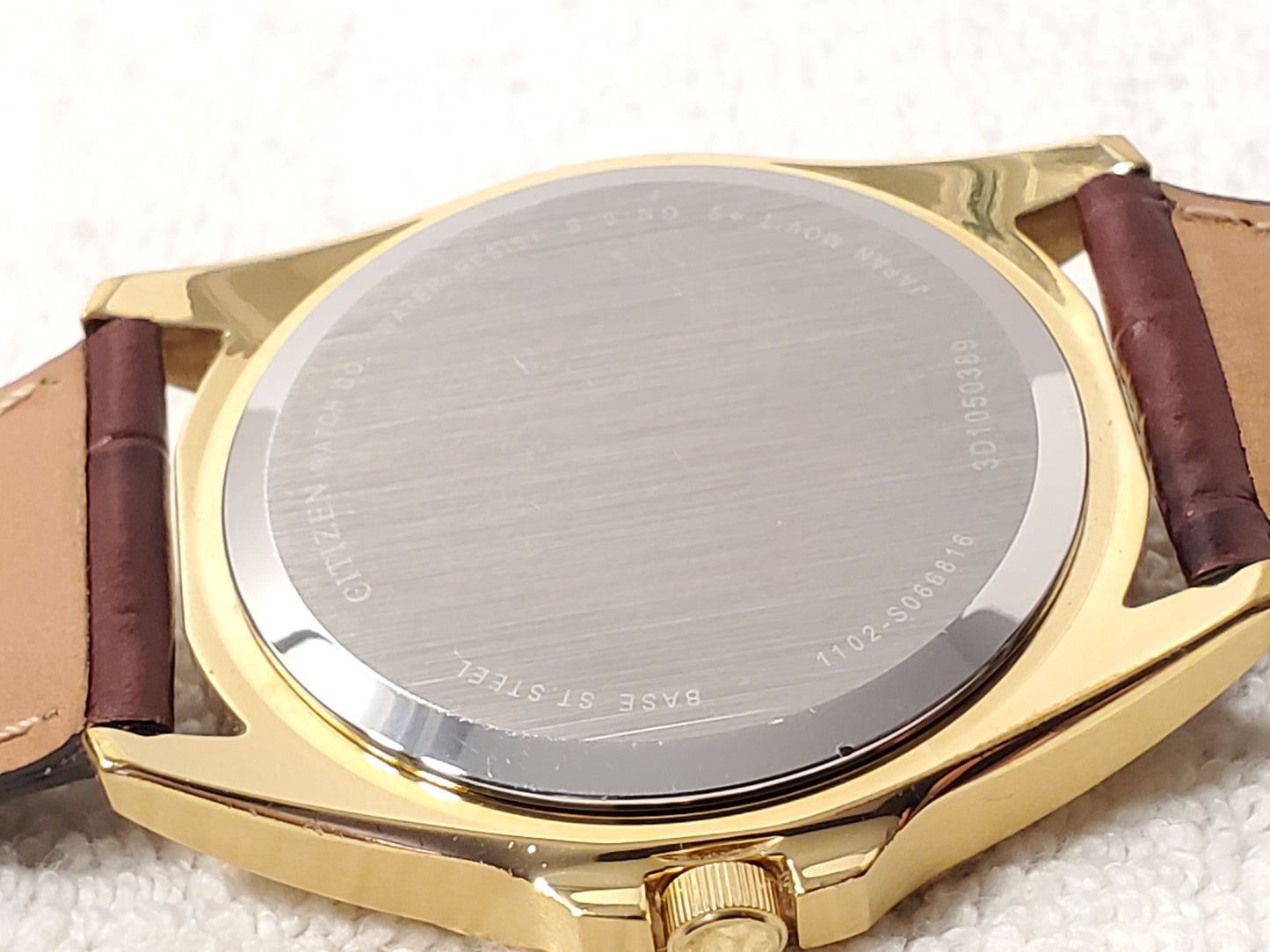 Vintage Citizen Men's Day Date Gold Plated Quartz Watch Brown Leather Strap SS
