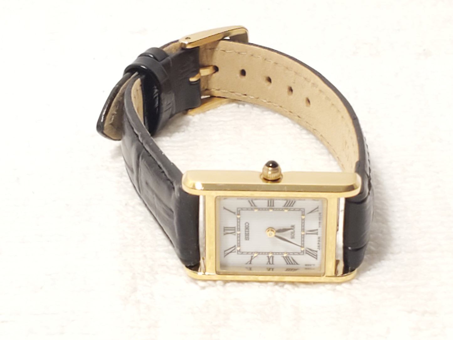 Vintage Seiko Solar Women's Tank Watch White Dial Roman Numerals Gold Tone SS