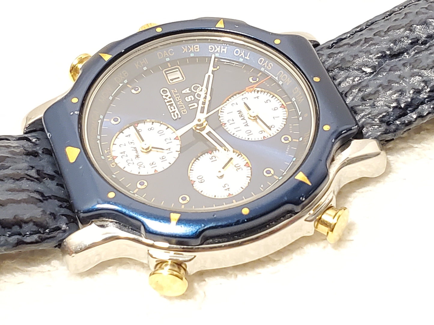 Vintage Seiko 1992 USA Olymipic Team World Time Alarm Date Blue Men's Watch SS