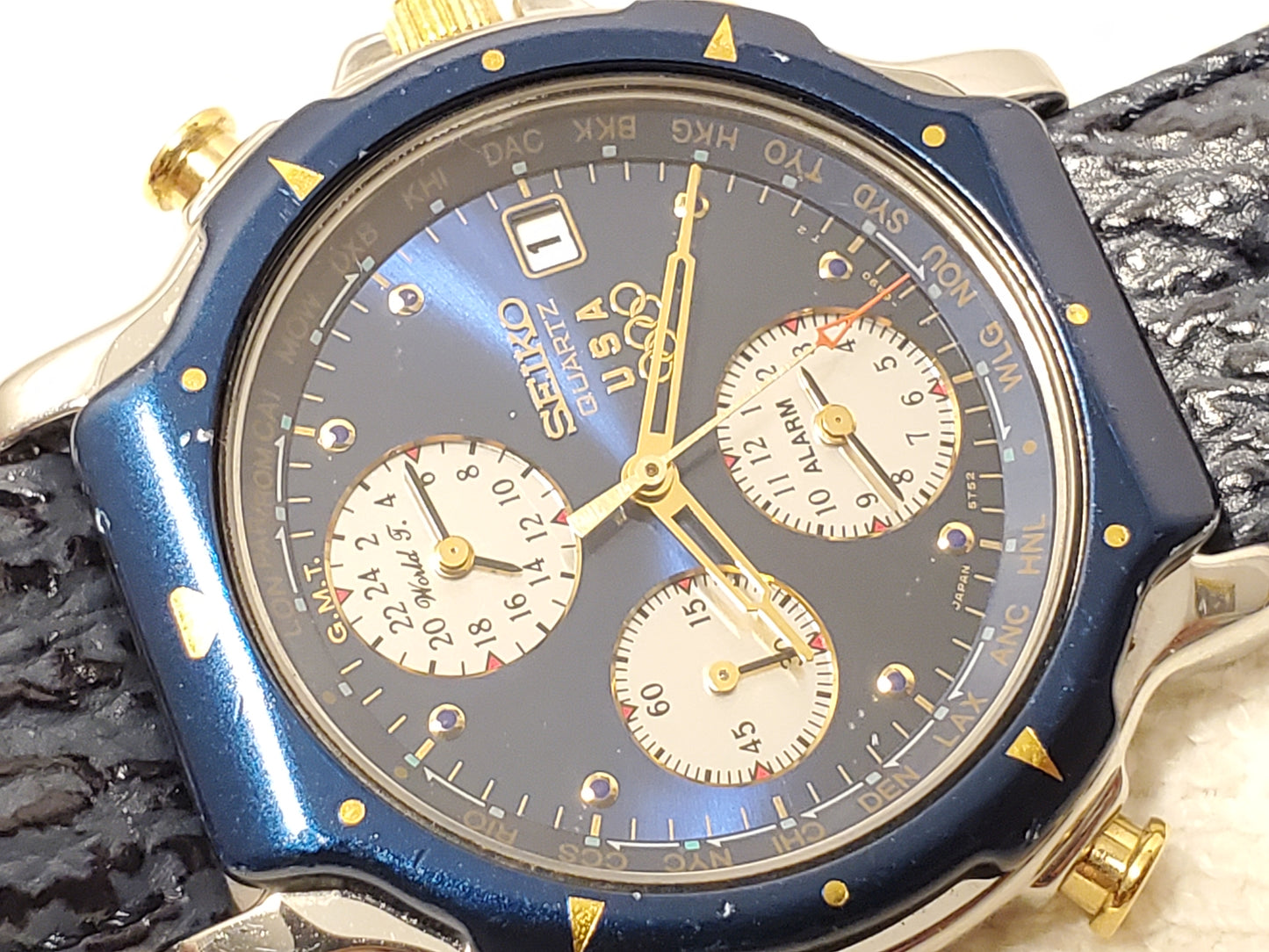Vintage Seiko 1992 USA Olymipic Team World Time Alarm Date Blue Men's Watch SS
