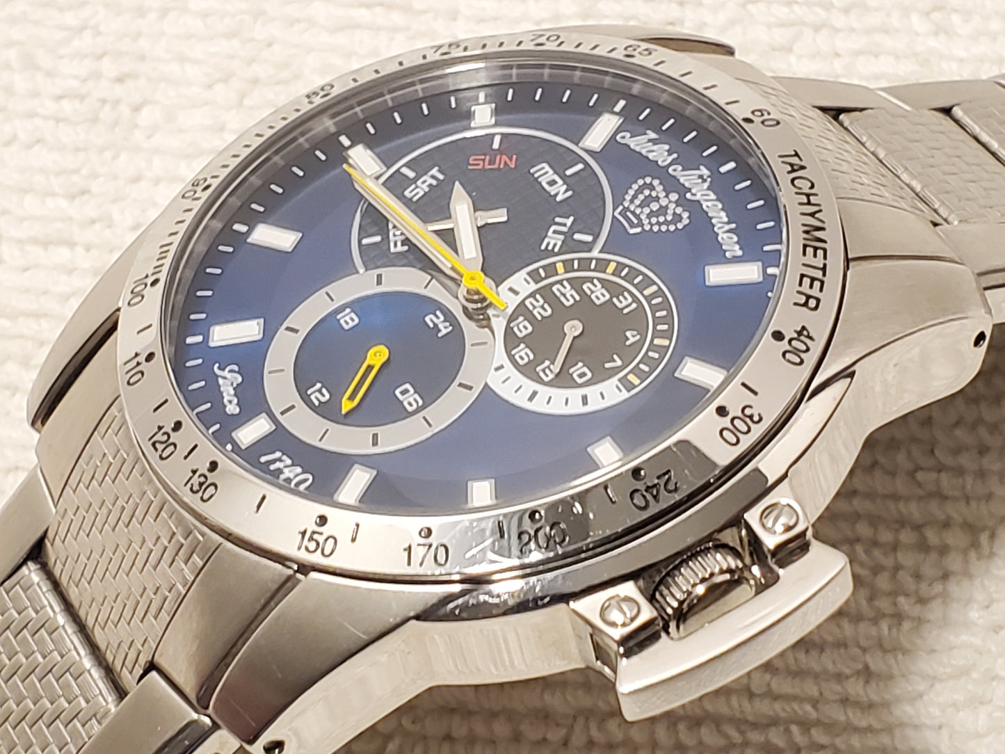 Vintage Jules Jurgensen Men's Blue Dial Day Date Stainless Steel Quartz Watch