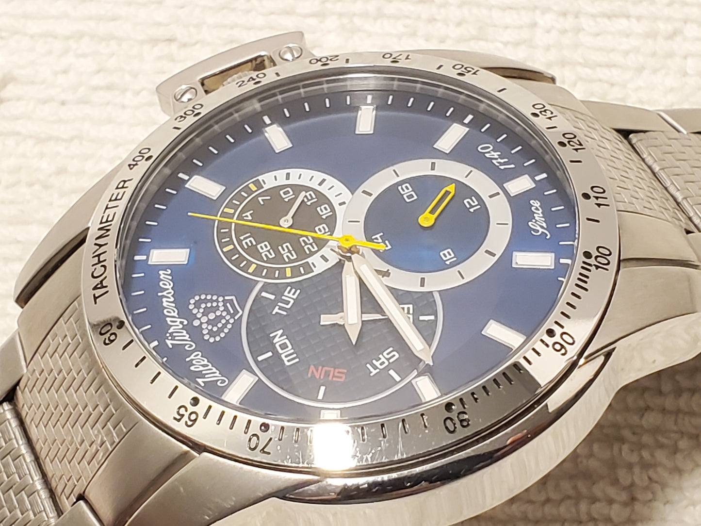 Vintage Jules Jurgensen Men's Blue Dial Day Date Stainless Steel Quartz Watch