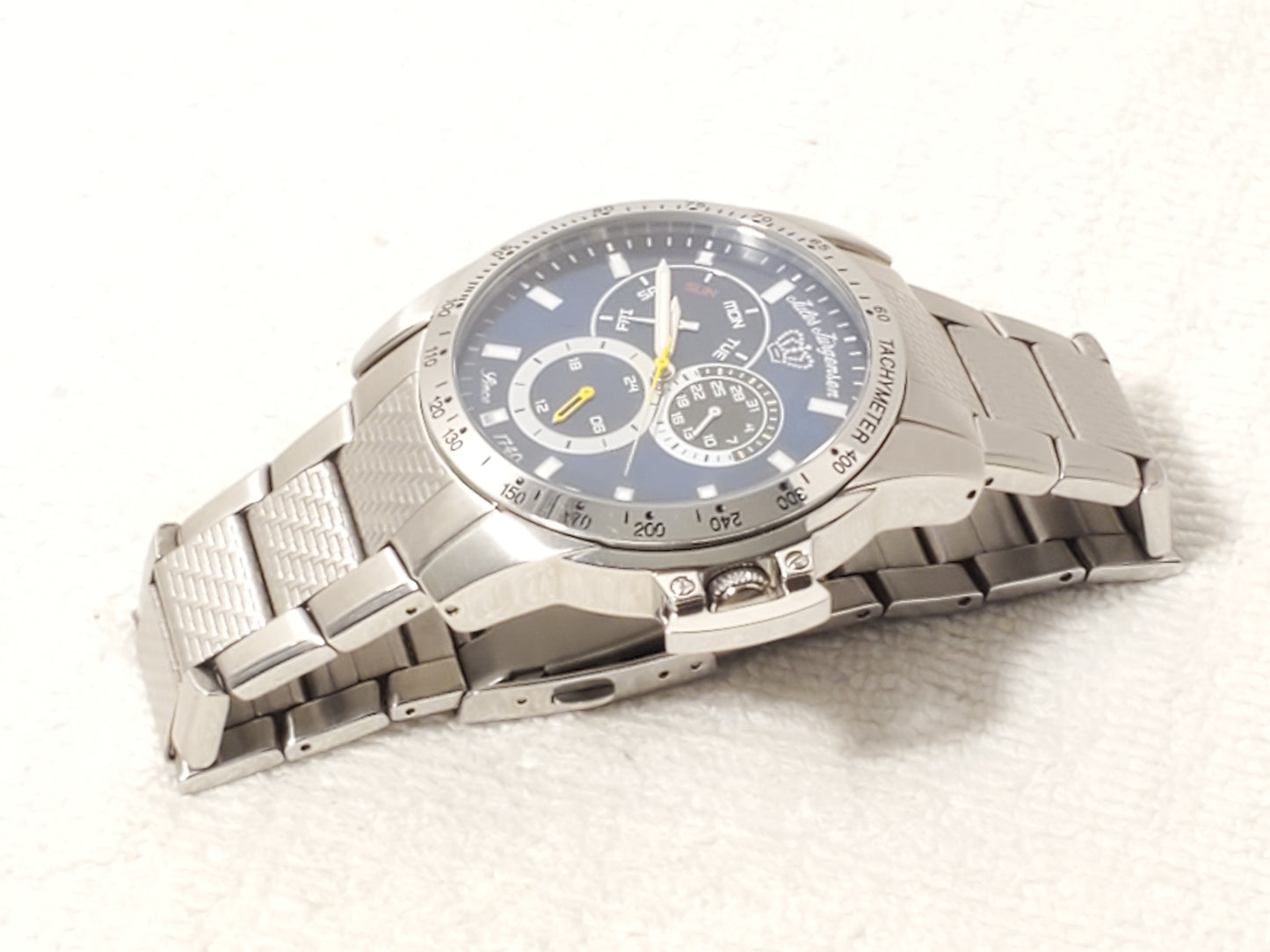 Vintage Jules Jurgensen Men's Blue Dial Day Date Stainless Steel Quartz Watch