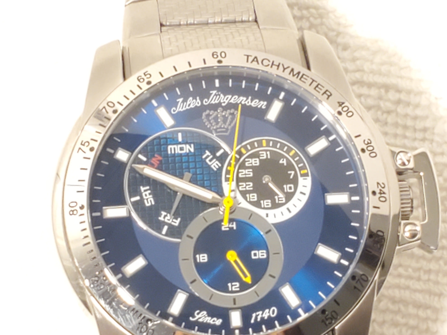Vintage Jules Jurgensen Men's Blue Dial Day Date Stainless Steel Quartz Watch