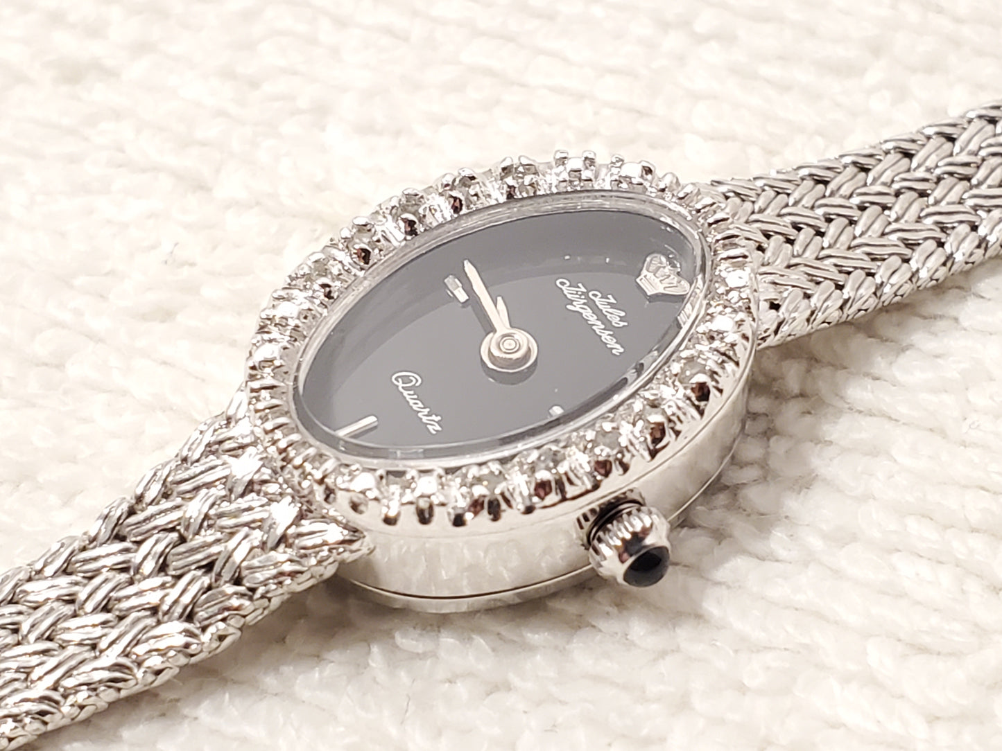Vintage Jules Jurgensen Women's Watch Diamonds Bezel Black Dial 4 Jewels S Steel