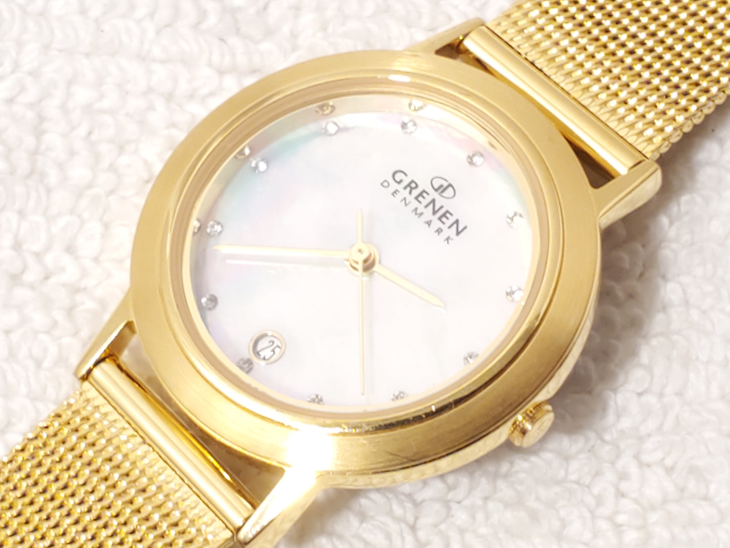 Gruen Denmark Women's Gold Tone Date Watch Mother Pearl Swarovski Crystals Dial