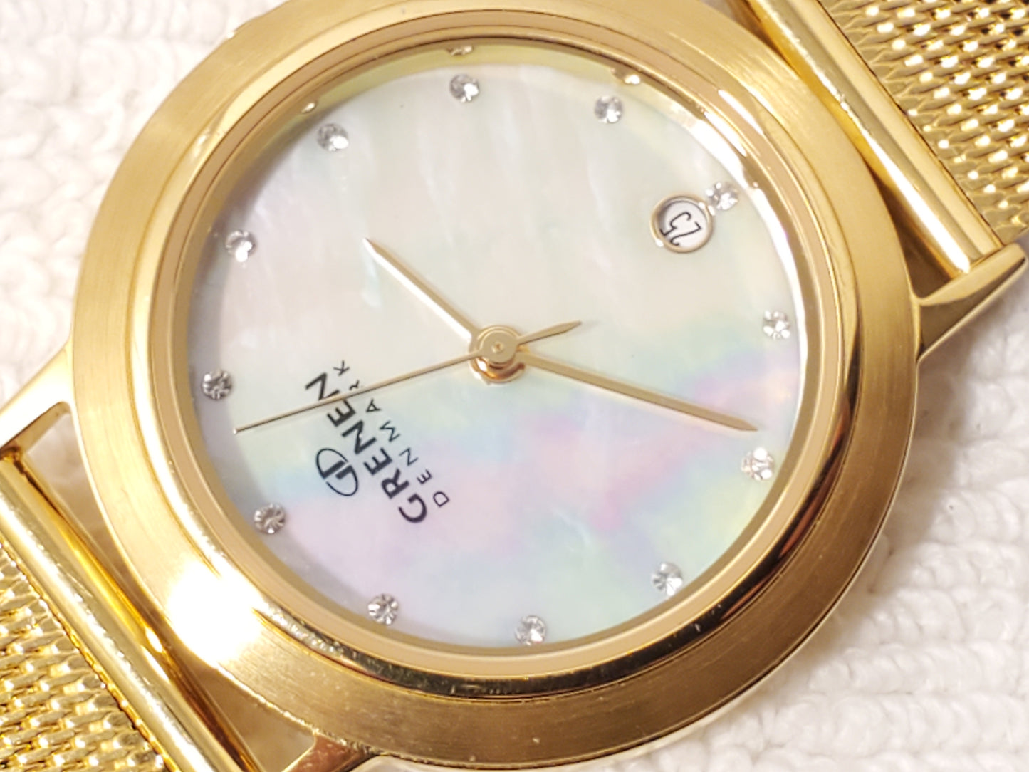 Gruen Denmark Women's Gold Tone Date Watch Mother Pearl Swarovski Crystals Dial
