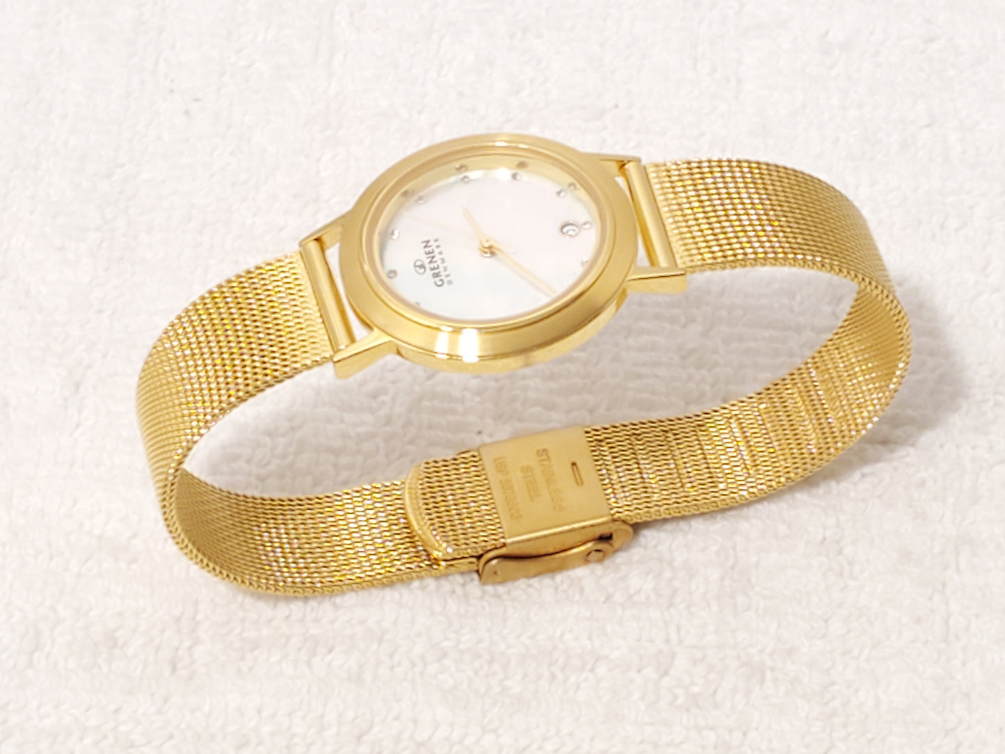Gruen Denmark Women's Gold Tone Date Watch Mother Pearl Swarovski Crystals Dial
