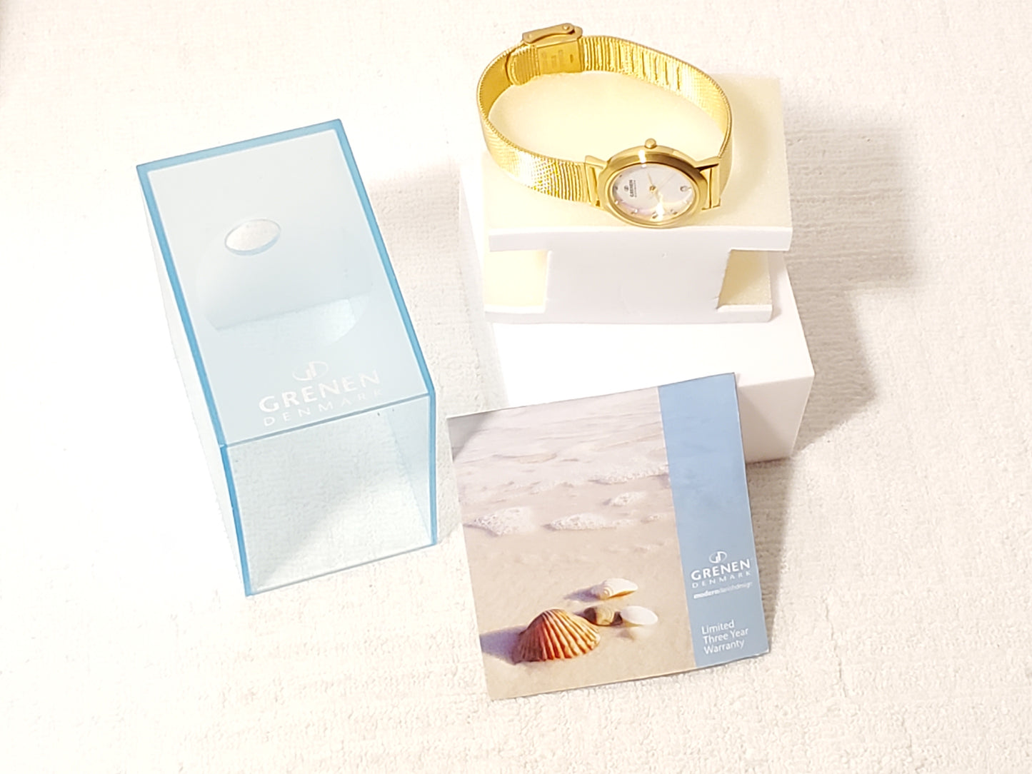 Gruen Denmark Women's Gold Tone Date Watch Mother Pearl Swarovski Crystals Dial