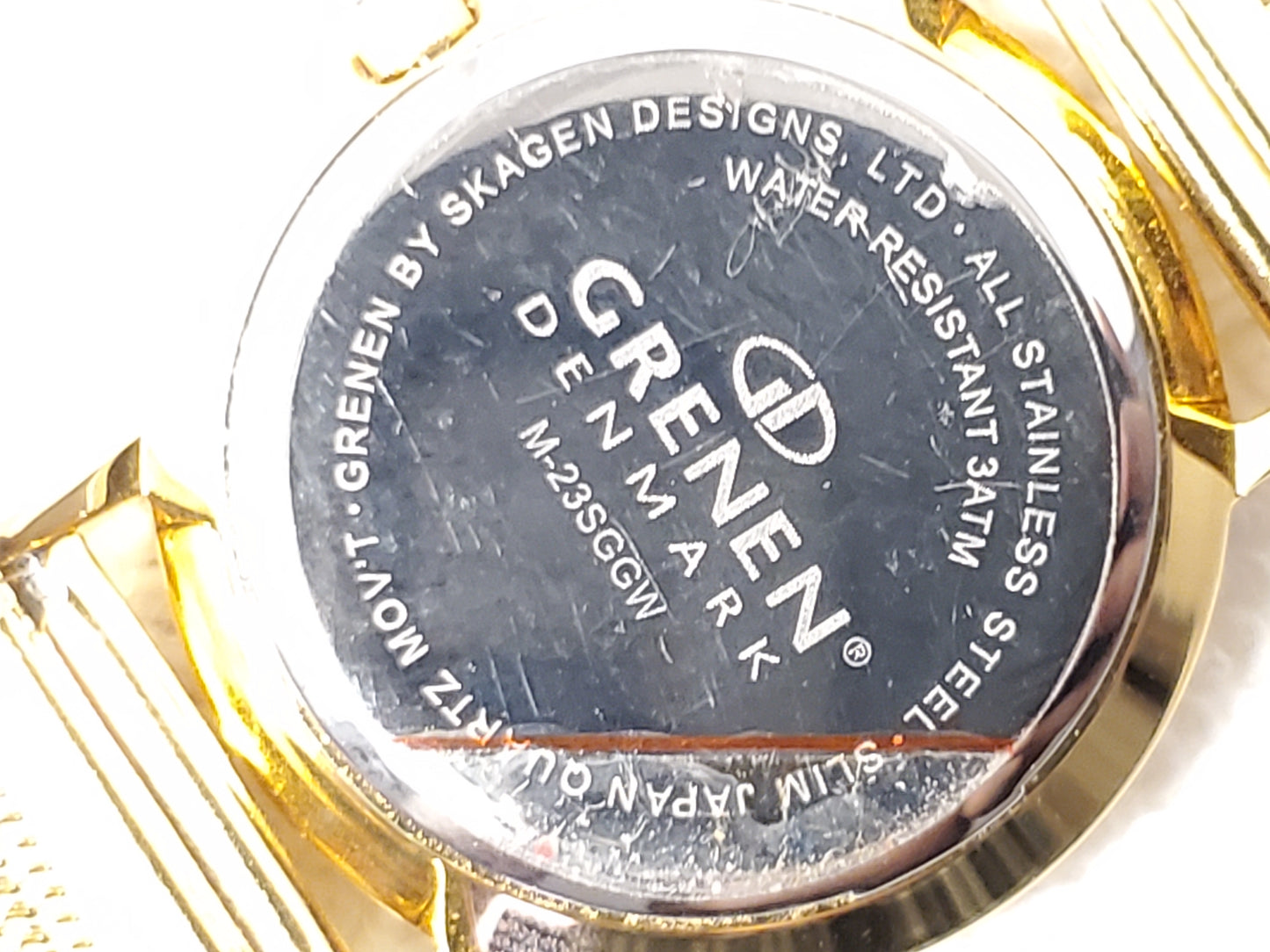 Gruen Denmark Women's Gold Tone Date Watch Mother Pearl Swarovski Crystals Dial