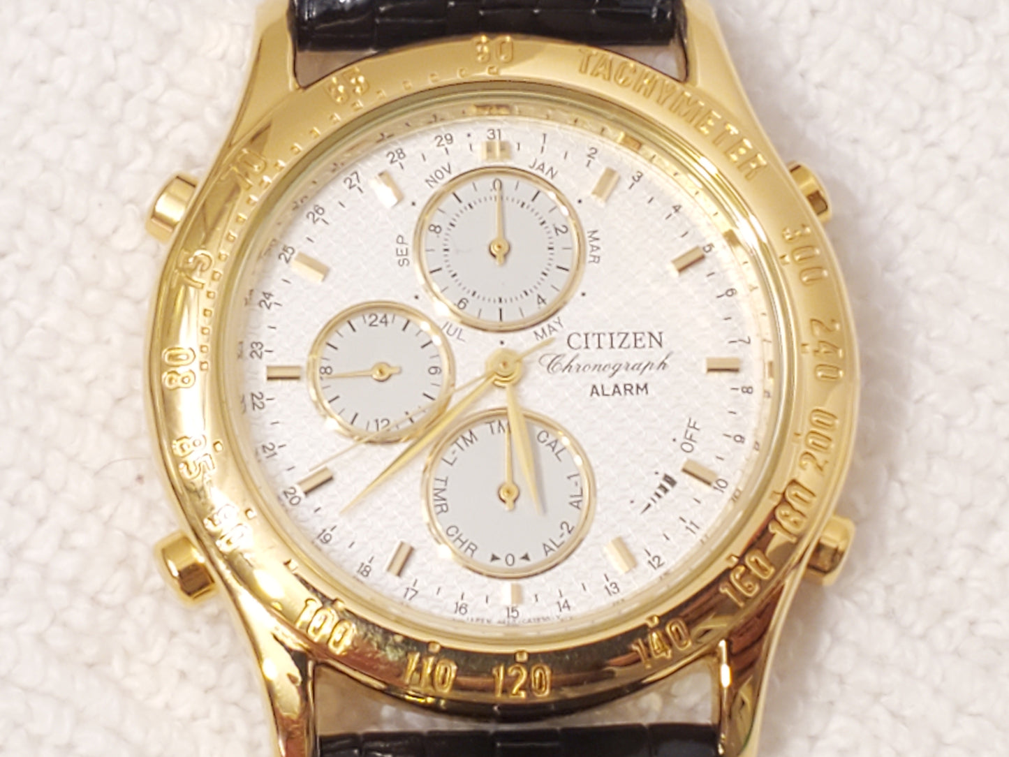 Vintage Citizen Chronograph Alarm Date Month Timer Men Gold Plated Watch Leather