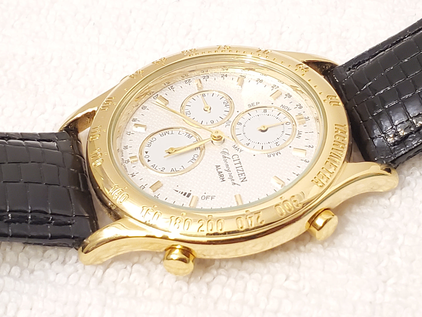 Vintage Citizen Chronograph Alarm Date Month Timer Men Gold Plated Watch Leather