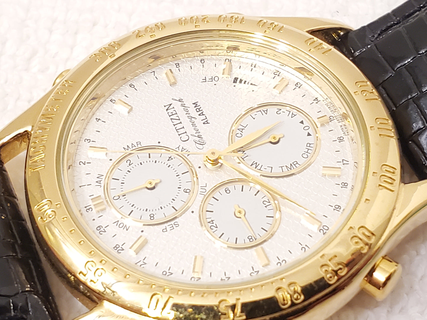Vintage Citizen Chronograph Alarm Date Month Timer Men Gold Plated Watch Leather