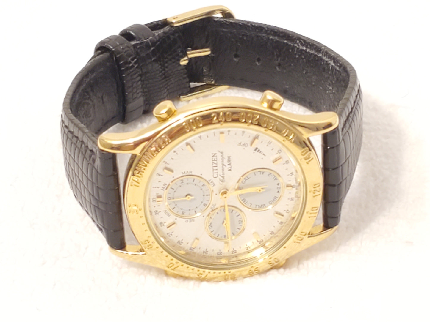 Vintage Citizen Chronograph Alarm Date Month Timer Men Gold Plated Watch Leather