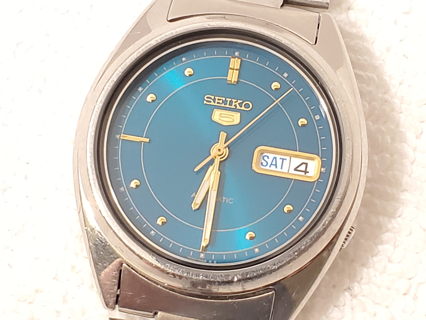 Vintage Seiko 5 Men's Automatic Day Date Green Dial Watch S Steel 21 Jewels
