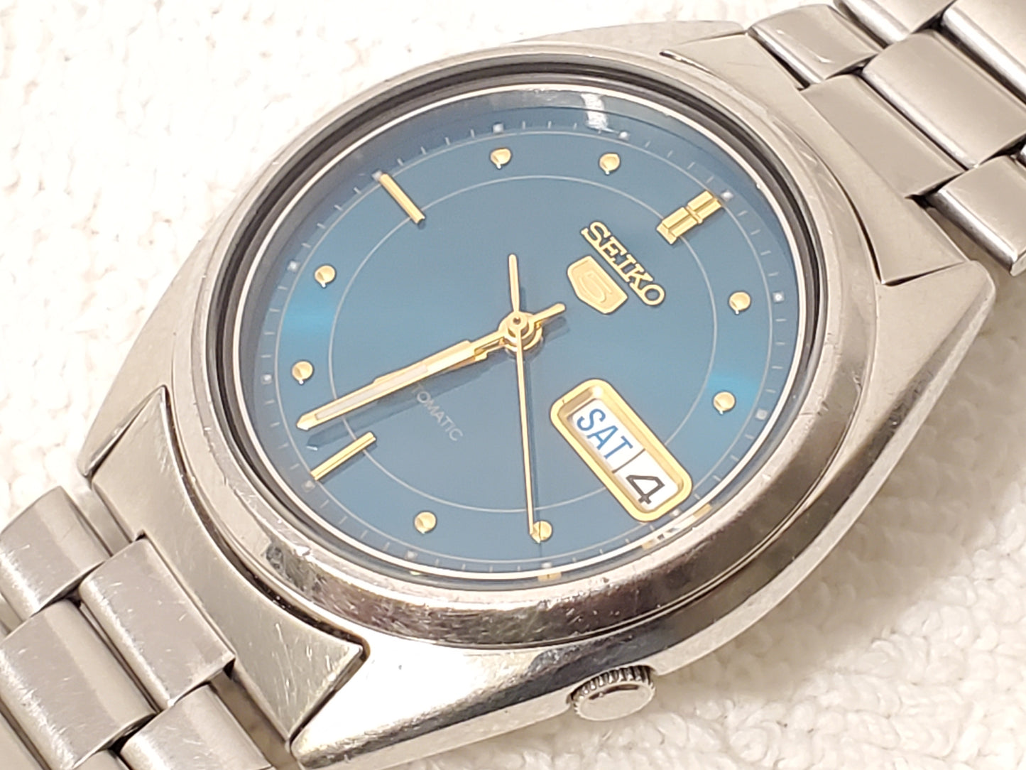 Vintage Seiko 5 Men's Automatic Day Date Green Dial Watch S Steel 21 Jewels