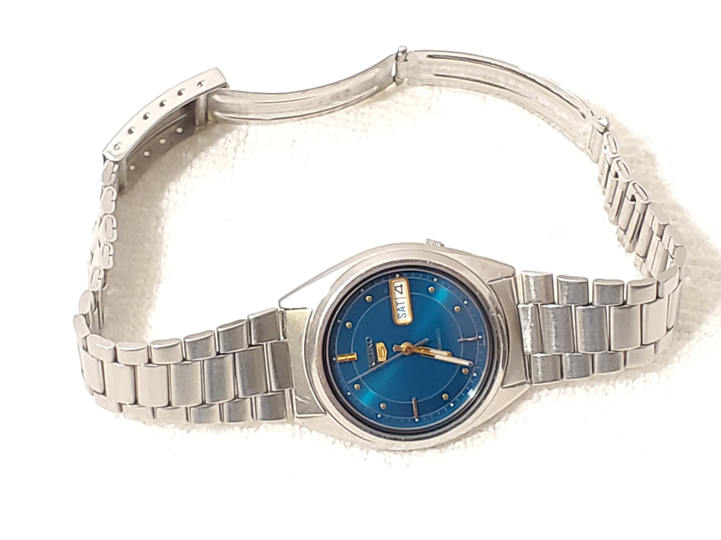 Vintage Seiko 5 Men's Automatic Day Date Green Dial Watch S Steel 21 Jewels