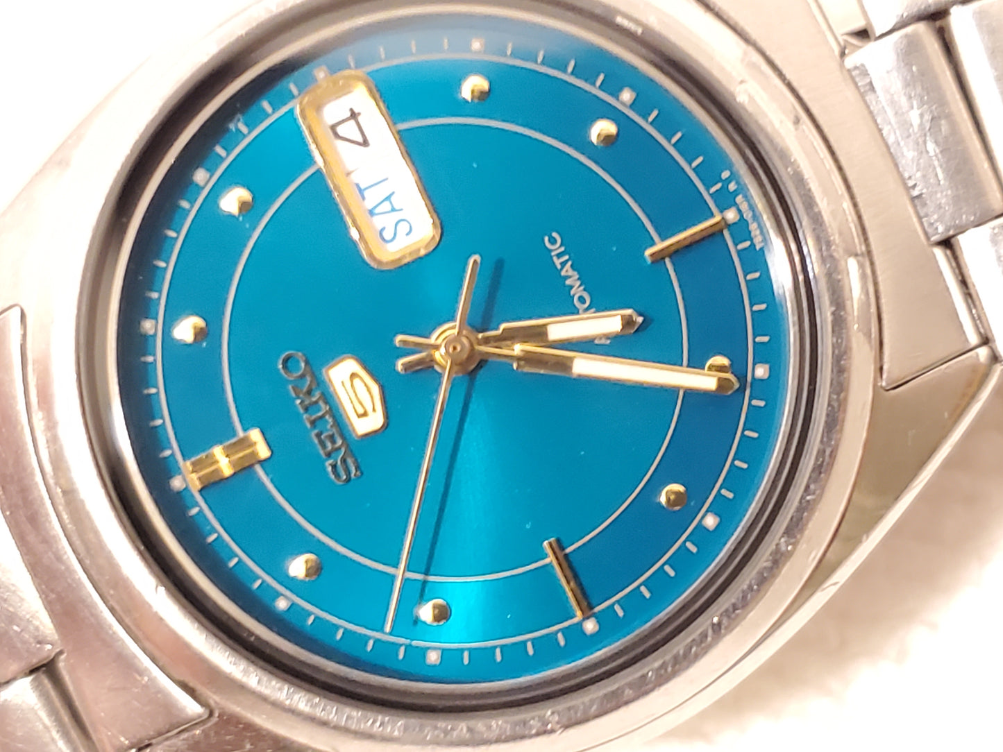 Vintage Seiko 5 Men's Automatic Day Date Green Dial Watch S Steel 21 Jewels