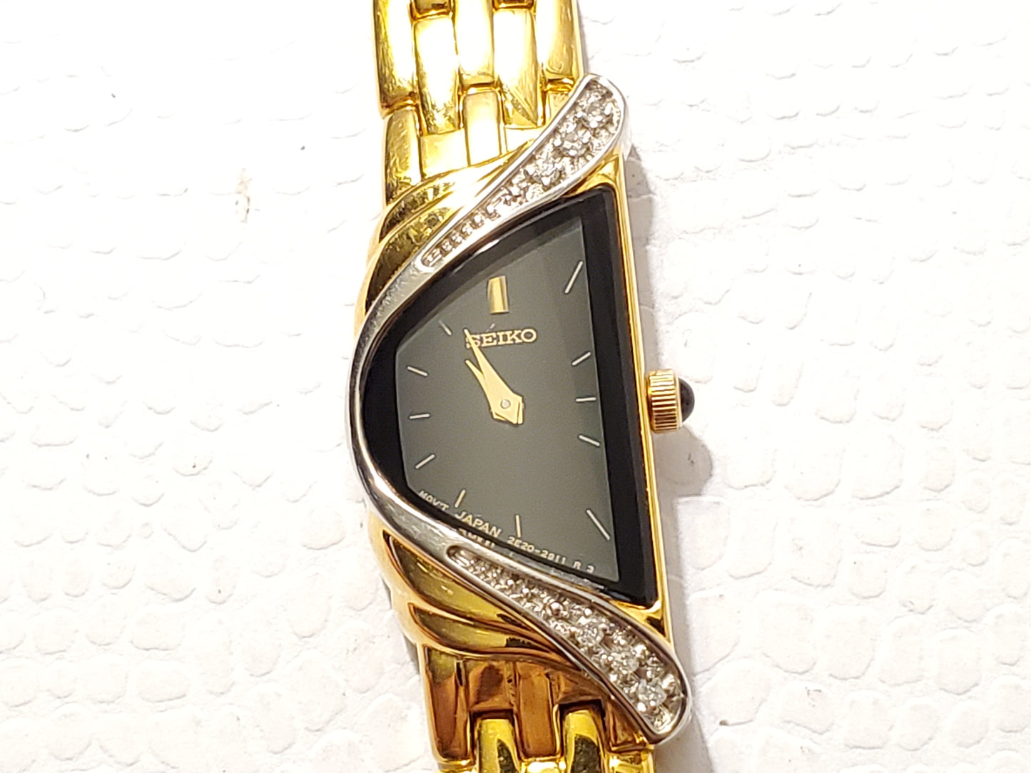 Vintage Seiko Half Moon Women Watch Black Dial Gold Silver Tone 6 Diamonds Bezel
