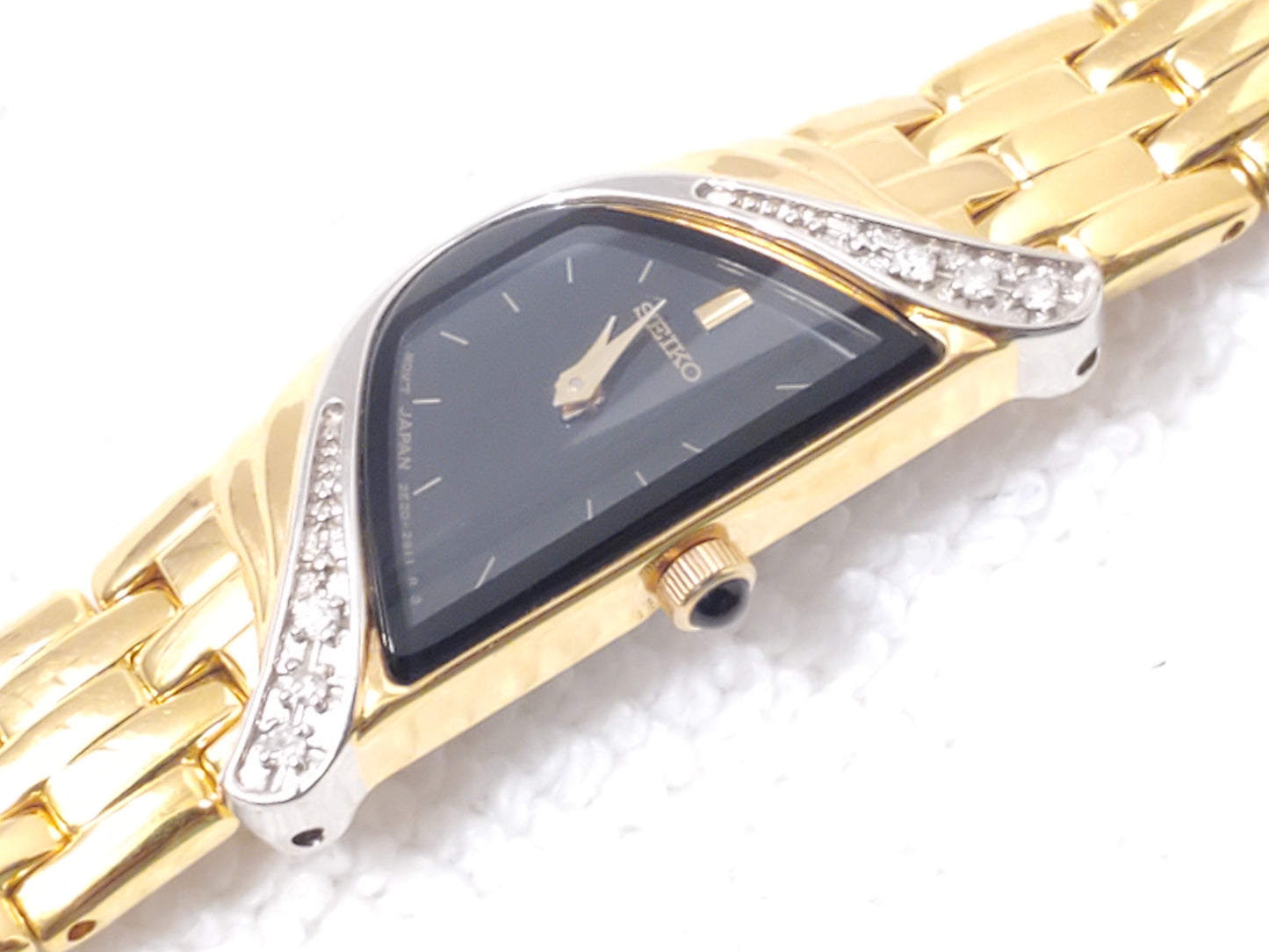 Vintage Seiko Half Moon Women Watch Black Dial Gold Silver Tone 6 Diamonds Bezel
