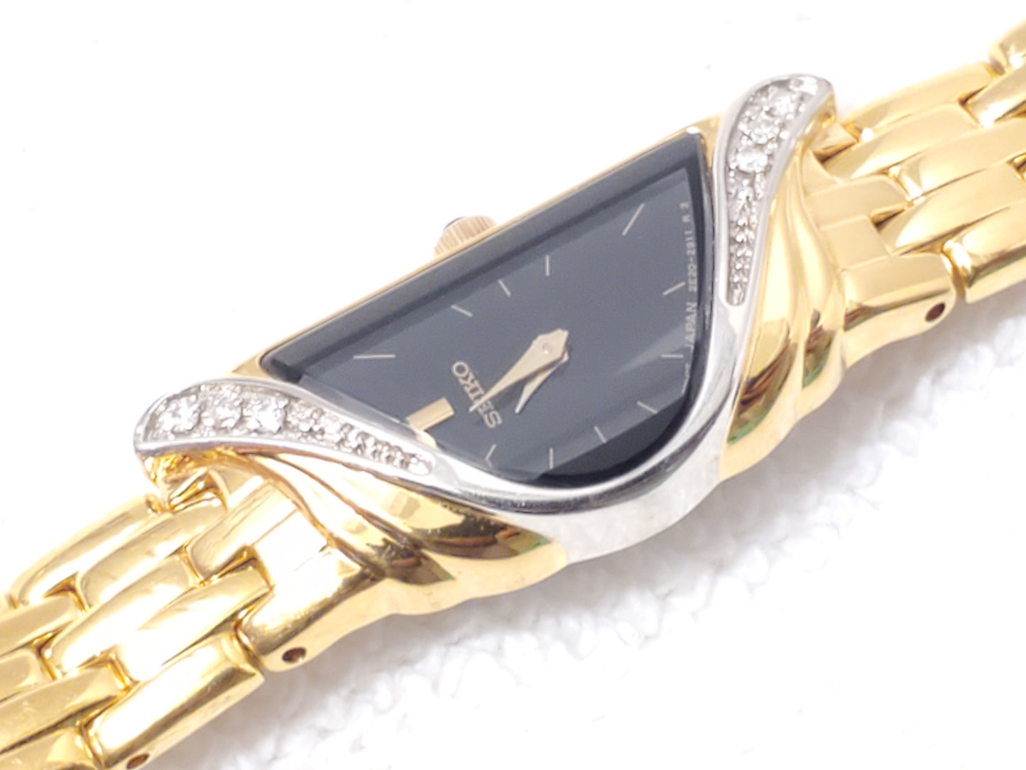 Vintage Seiko Half Moon Women Watch Black Dial Gold Silver Tone 6 Diamonds Bezel