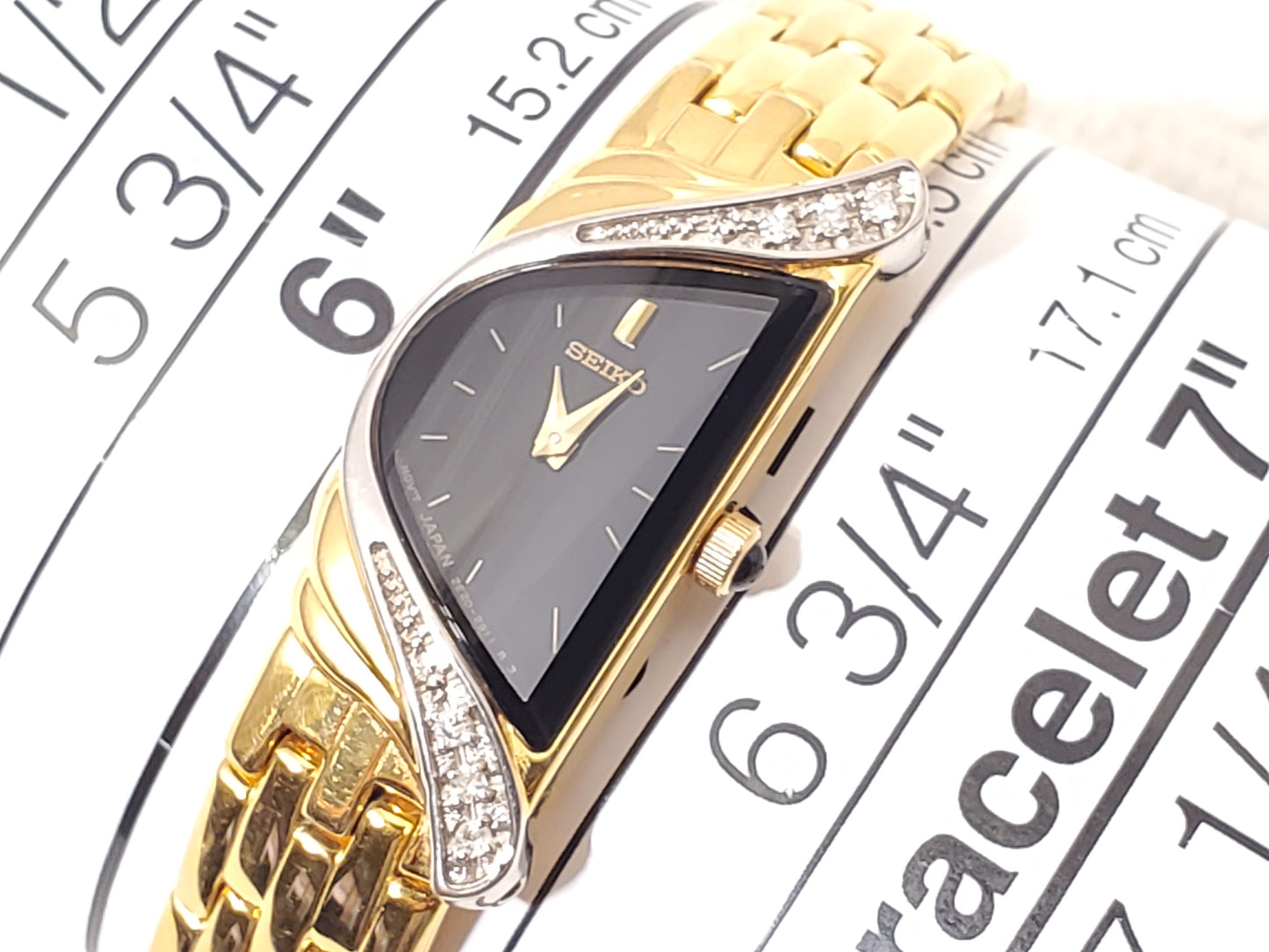 Vintage Seiko Half Moon Women Watch Black Dial Gold Silver Tone 6 Diamonds Bezel