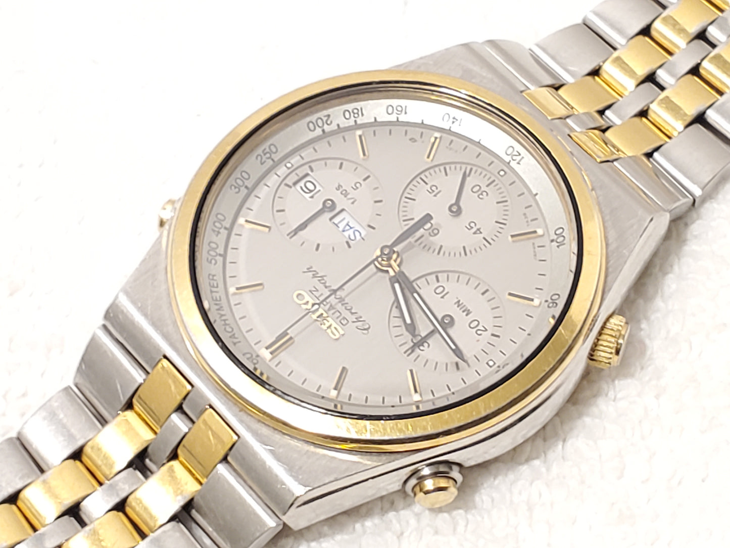 Vintage Seiko Men Chronograph Day Date Quartz Watch 15 Jewels S Steel Gold Tone