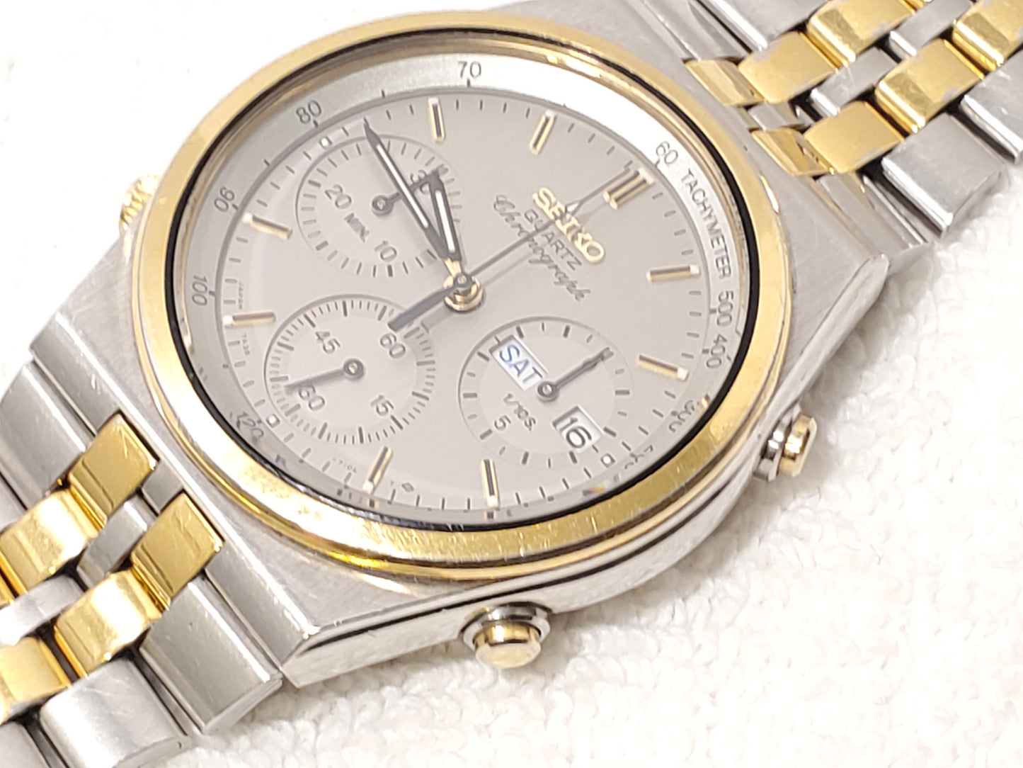 Vintage Seiko Men Chronograph Day Date Quartz Watch 15 Jewels S Steel Gold Tone