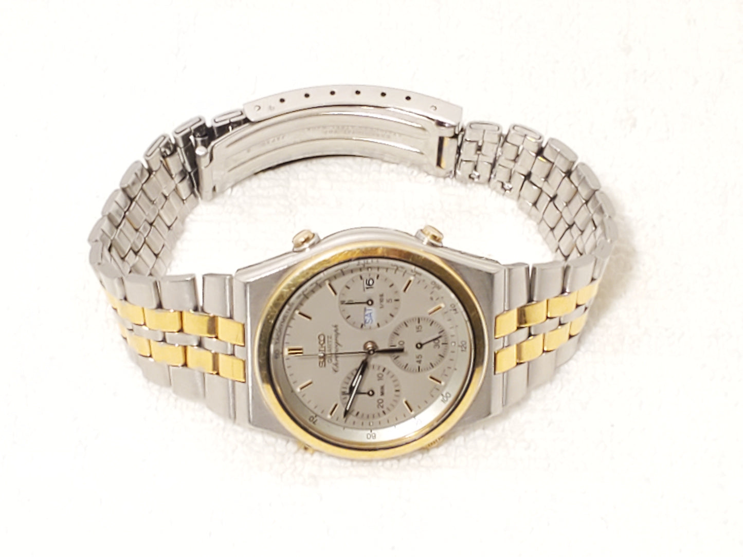 Vintage Seiko Men Chronograph Day Date Quartz Watch 15 Jewels S Steel Gold Tone