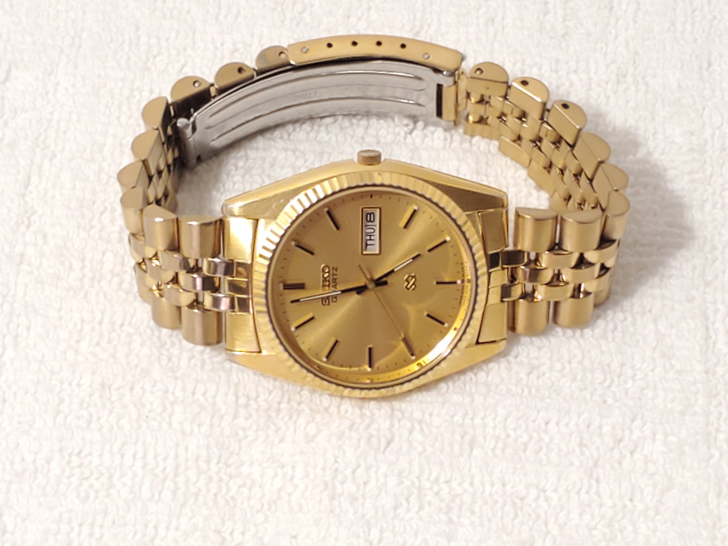 Vintage Seiko SQ Men's Presidential Day Date Gold Tone Watch One Jewel S Steel