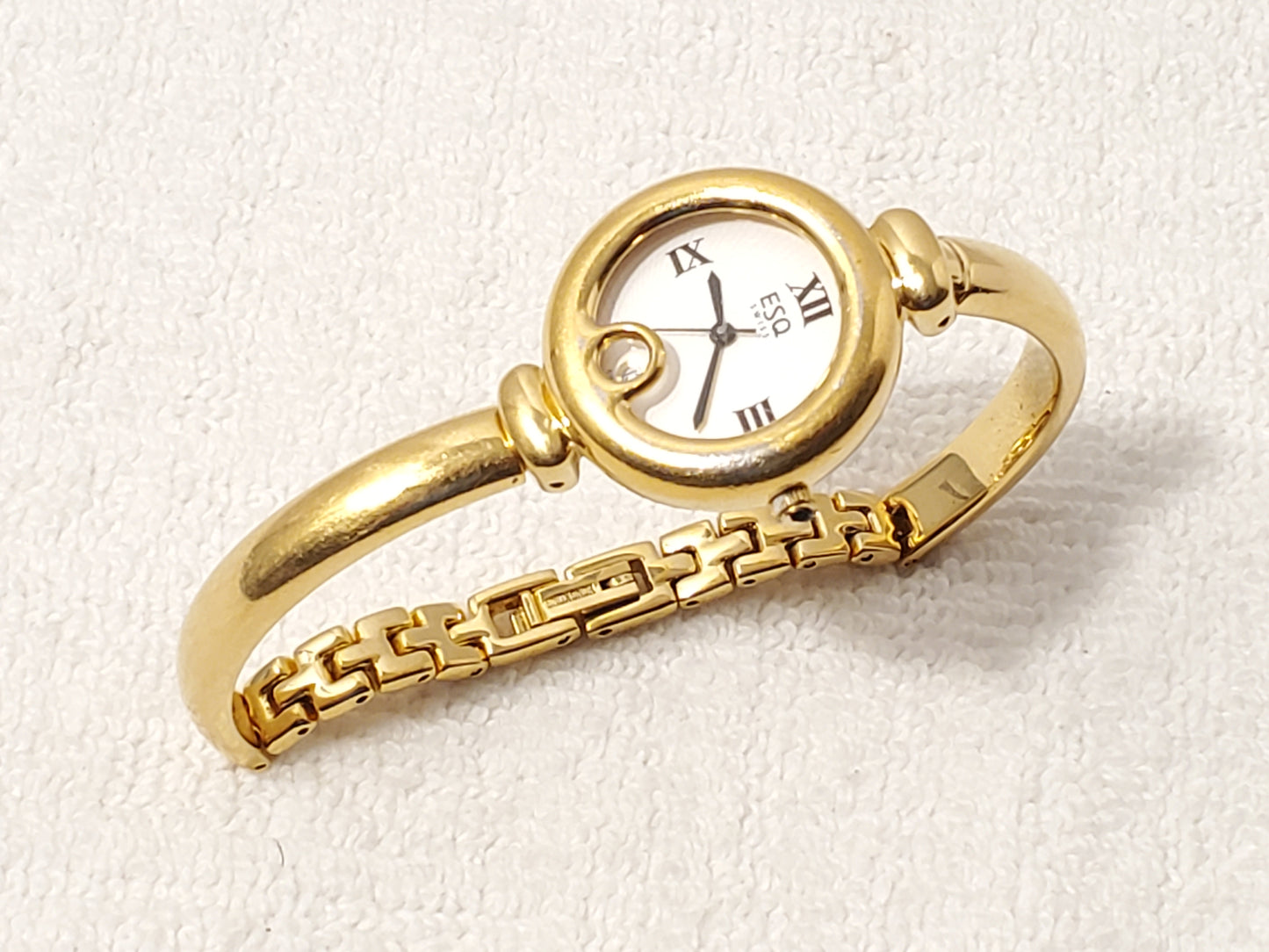 Vintage ESQ by Movado Womens White Dial Gold Plated 5 Jewels Date Watch Bracelet