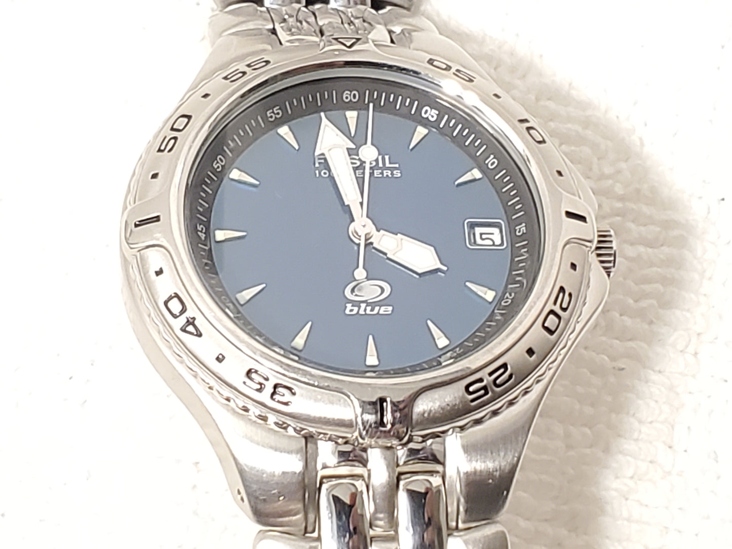 Vintage Fossil Men's Date Quartz Watch Teal Dial Stainless Steel WR 100 Meters
