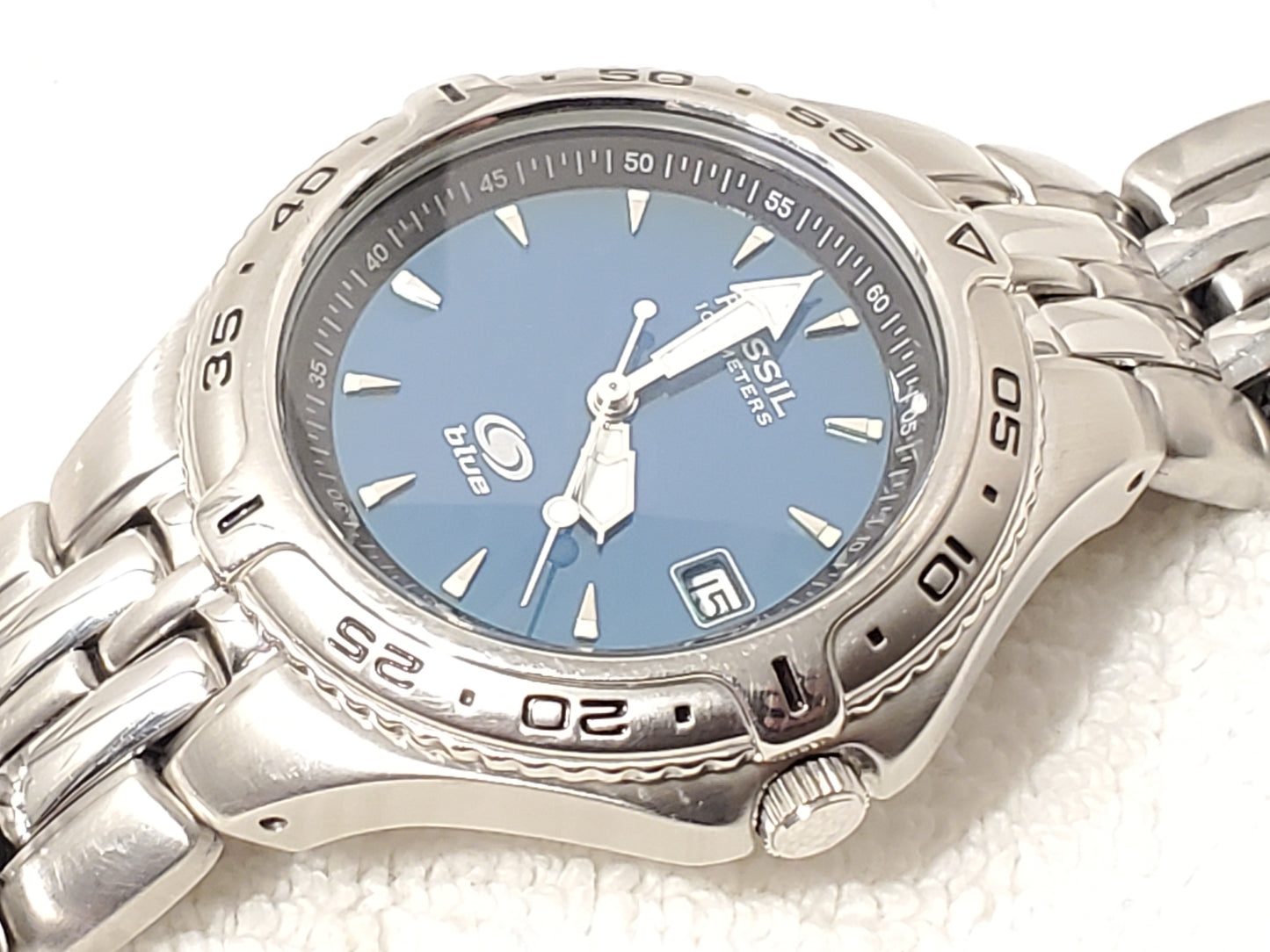 Vintage Fossil Men's Date Quartz Watch Teal Dial Stainless Steel WR 100 Meters