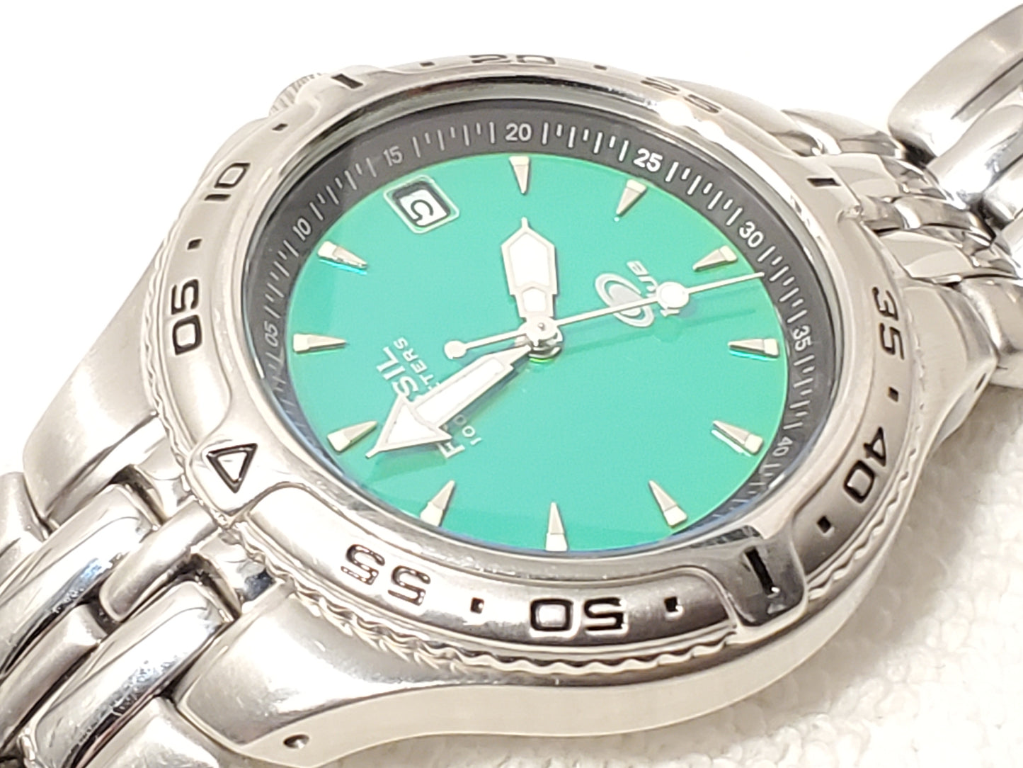 Vintage Fossil Men's Date Quartz Watch Teal Dial Stainless Steel WR 100 Meters