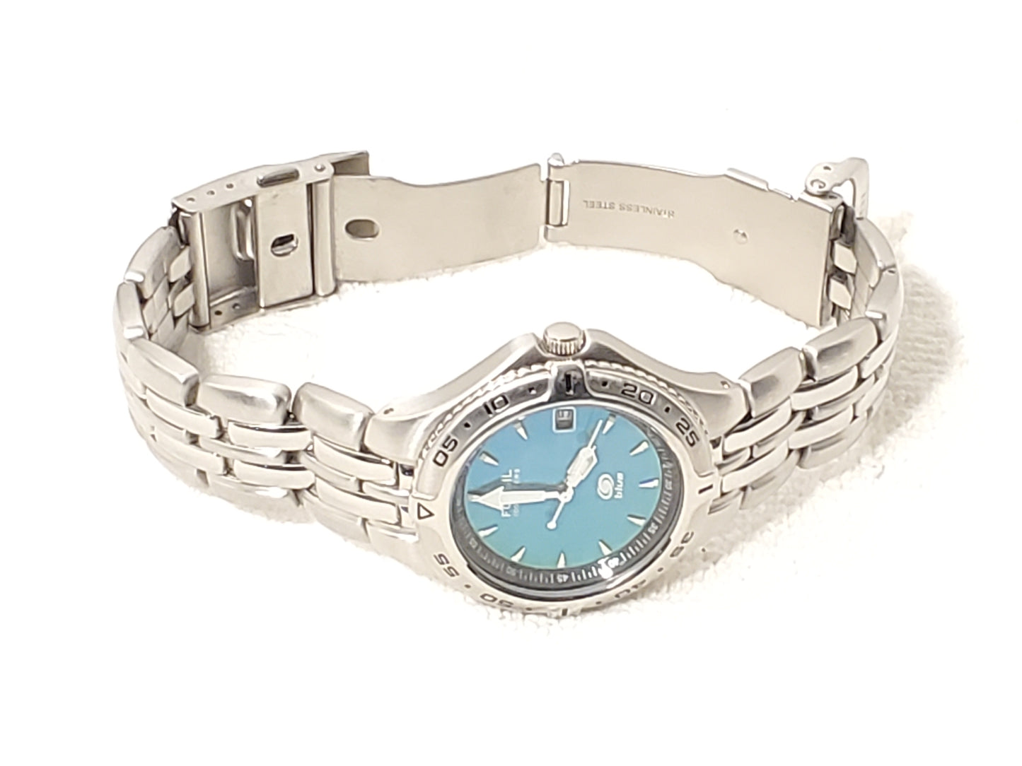 Vintage Fossil Men's Date Quartz Watch Teal Dial Stainless Steel WR 100 Meters