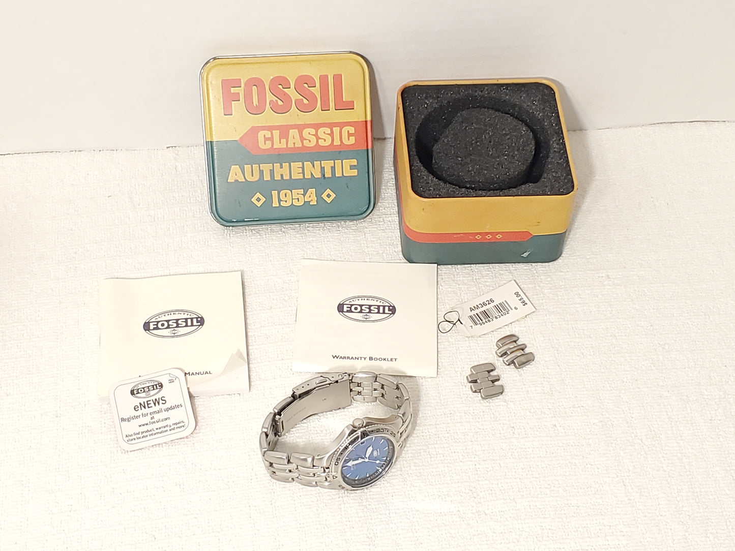 Vintage Fossil Men's Date Quartz Watch Teal Dial Stainless Steel WR 100 Meters
