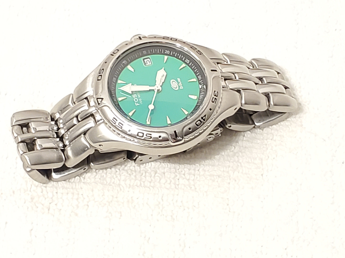 Vintage Fossil Men's Date Quartz Watch Teal Dial Stainless Steel WR 100 Meters