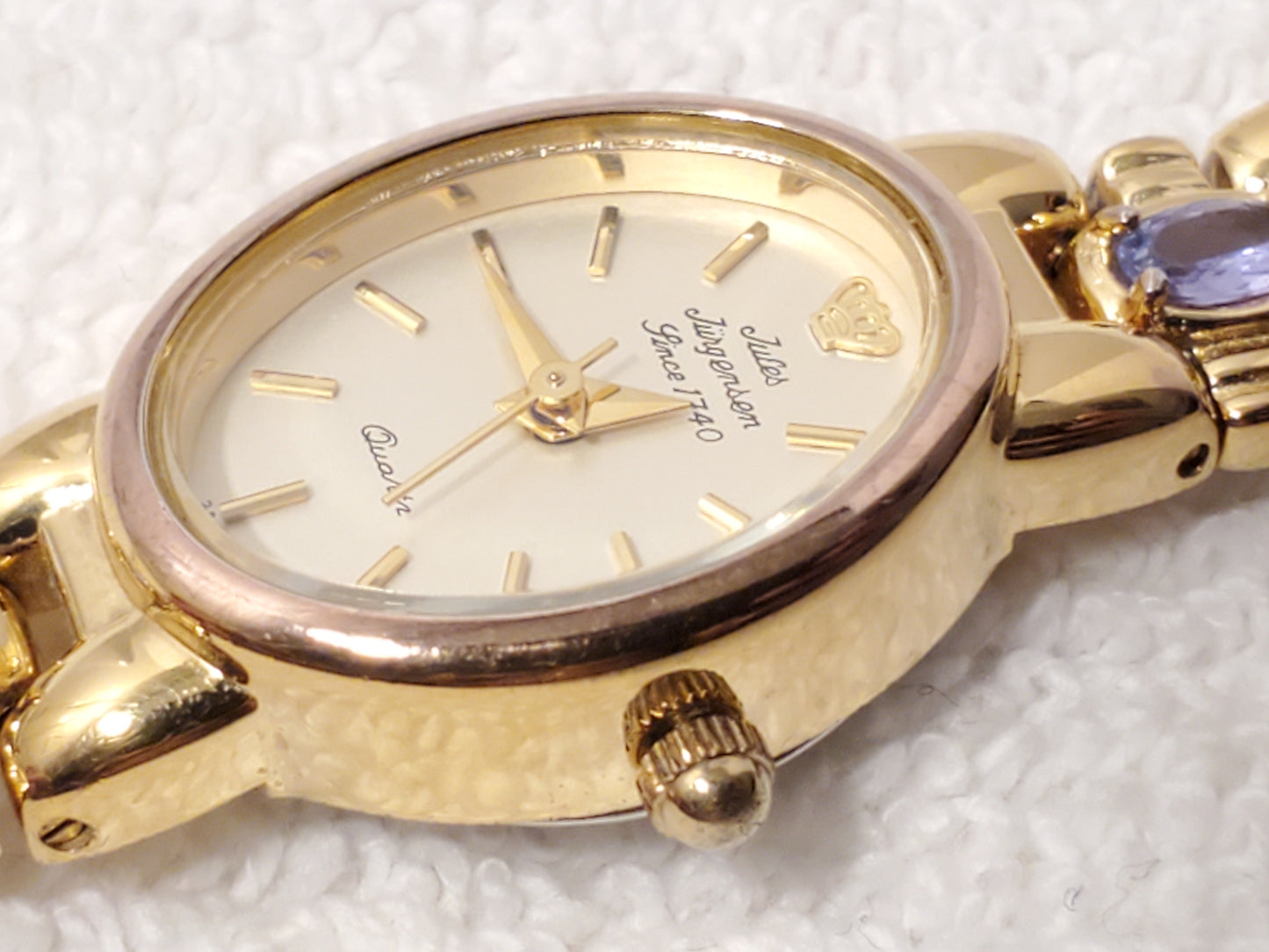 Vintage Jules Jurgensen Women's Gold Tone Amethyst Quartz Watch Link Bracelet SS