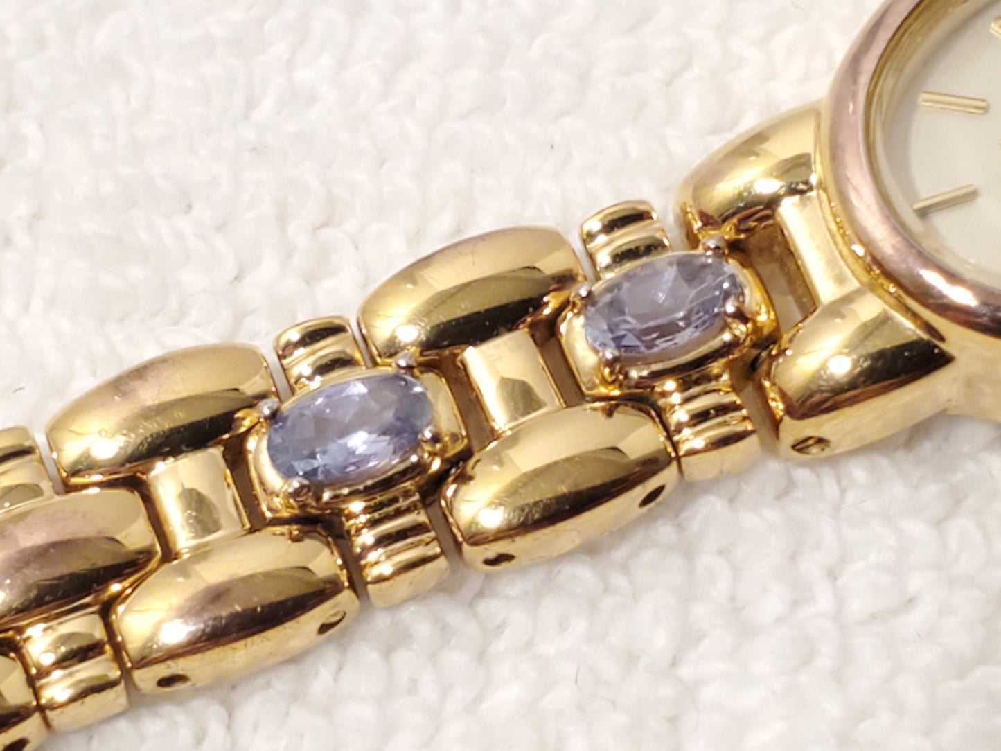 Vintage Jules Jurgensen Women's Gold Tone Amethyst Quartz Watch Link Bracelet SS