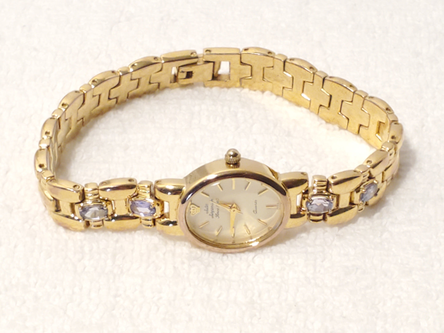 Vintage Jules Jurgensen Women's Gold Tone Amethyst Quartz Watch Link Bracelet SS