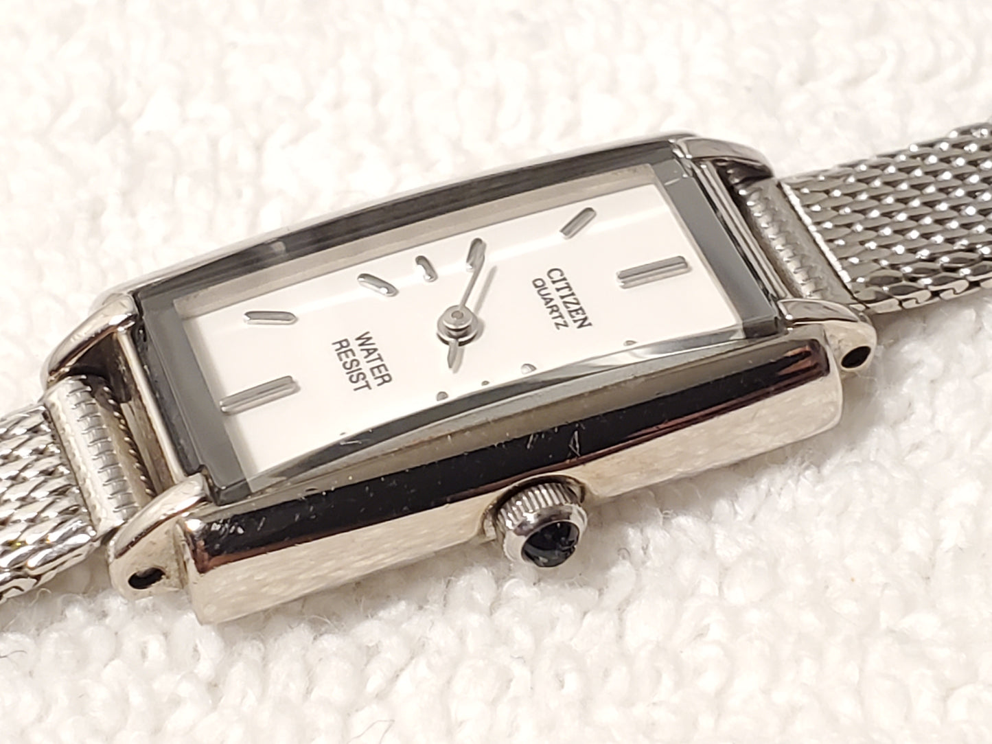 Vintage Citizen Women's Tank Stainless Steel Watch White Dial Mesh Band Onyx Tip
