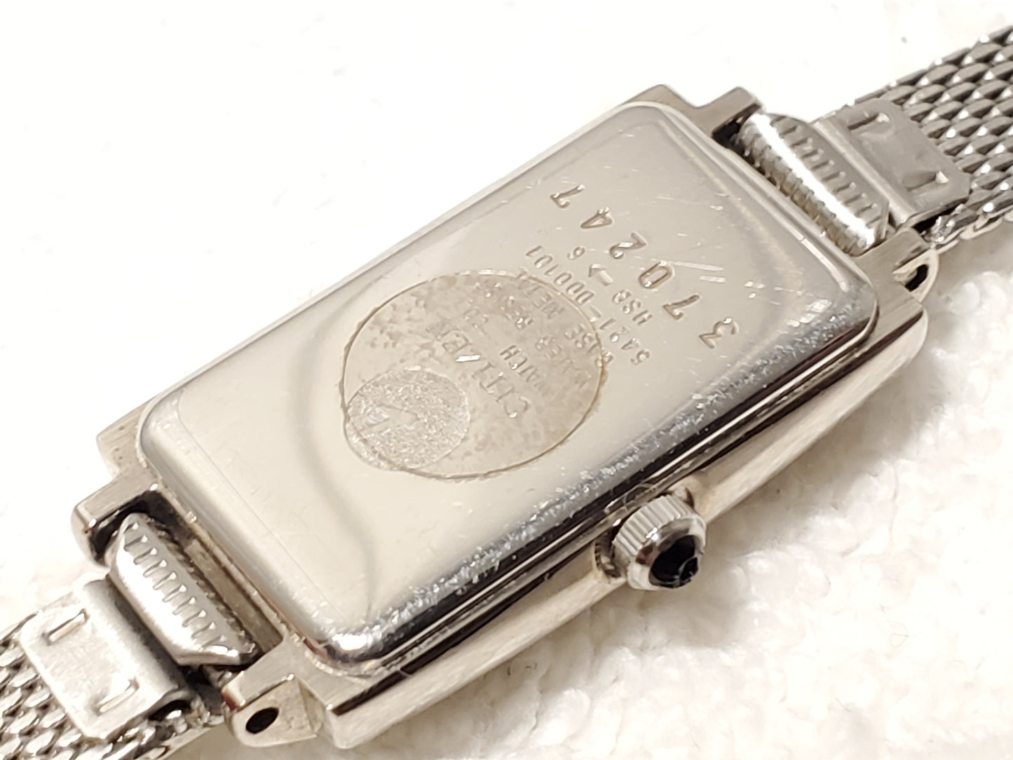 Vintage Citizen Women's Tank Stainless Steel Watch White Dial Mesh Band Onyx Tip
