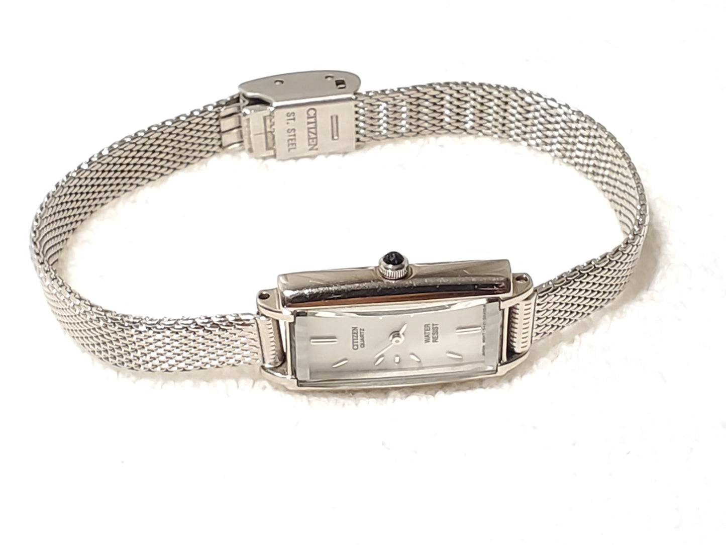Vintage Citizen Women's Tank Stainless Steel Watch White Dial Mesh Band Onyx Tip
